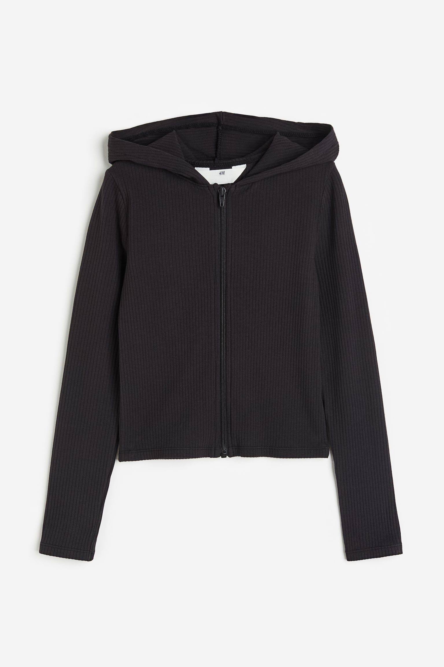 Ribbed zip-through hoodie - Black - 1