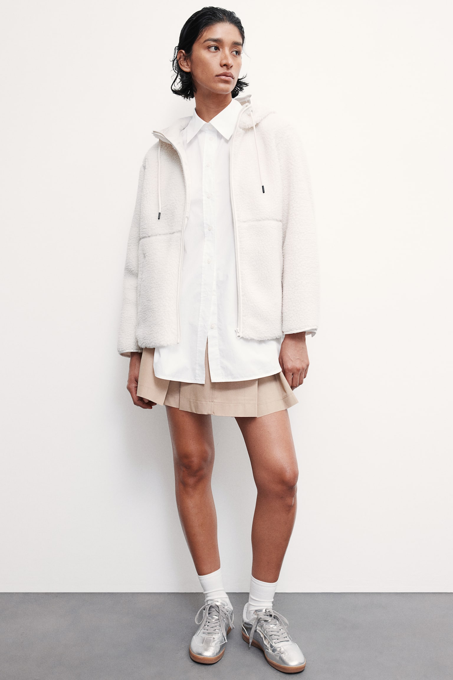 Hooded teddy jacket - White/Greige - 1