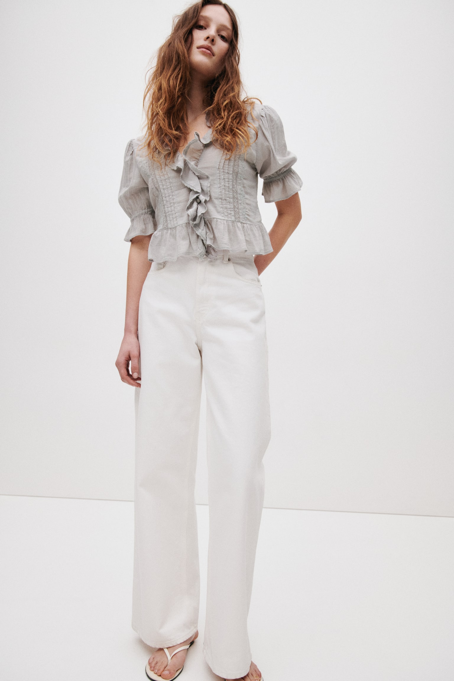 Ruffle-Trimmed Blouse - Light gray/White - 5
