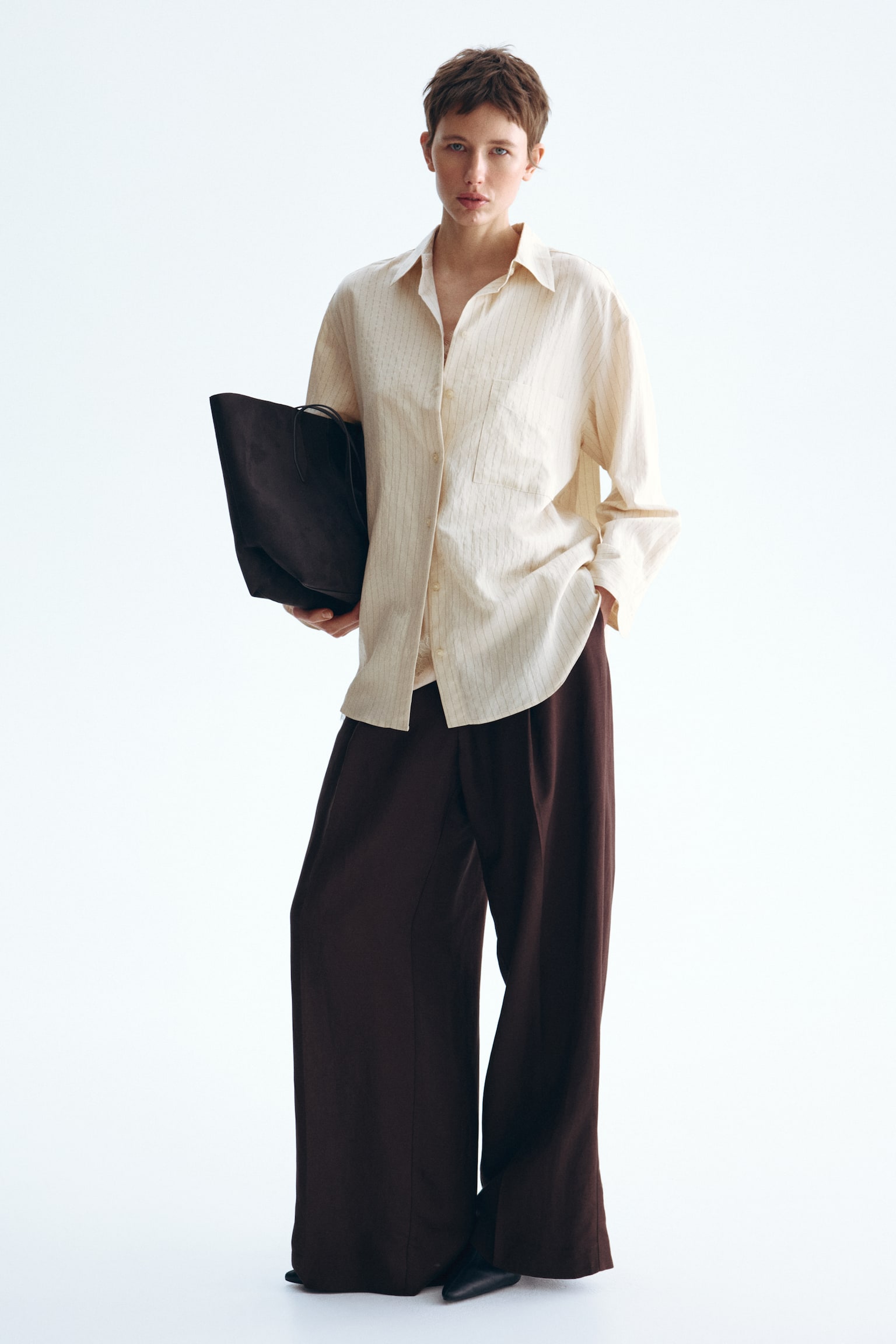 Camicia oversize - Beige chiaro/gessato/Beige kaki/gessato - 6