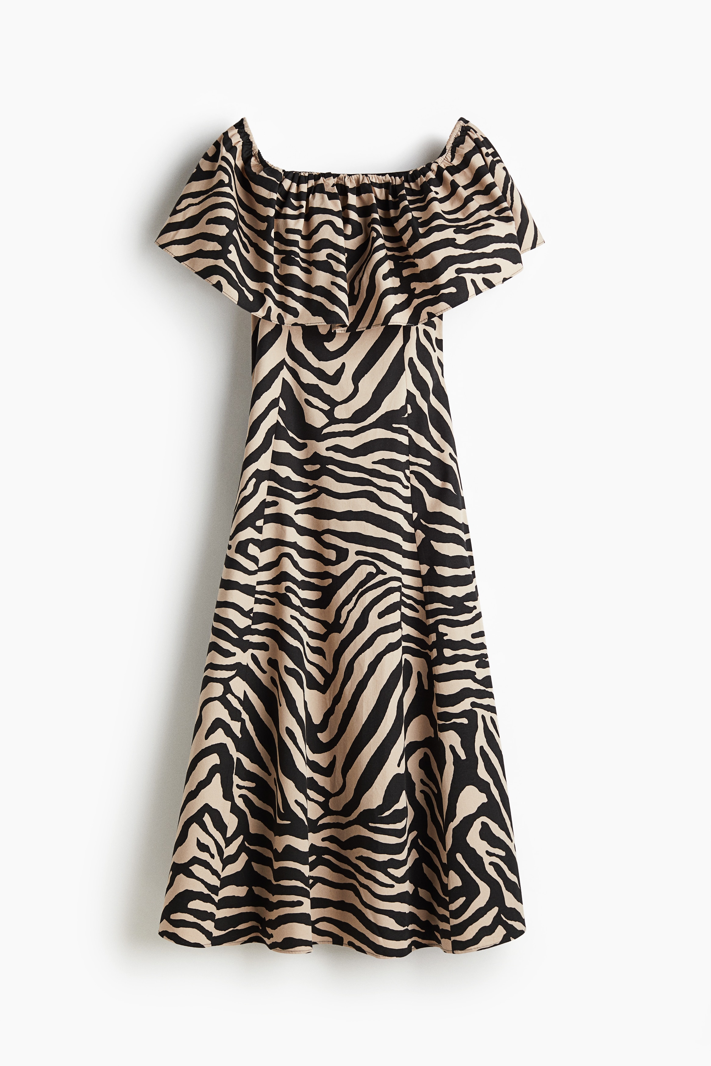 Flounced off-the-shoulder dress - Beige/Zebra print/Beige