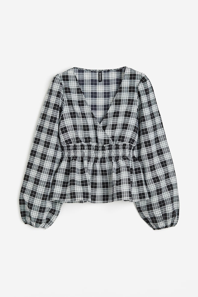 Crêpe puff-sleeved blouse - Black/Checked/Black - 2