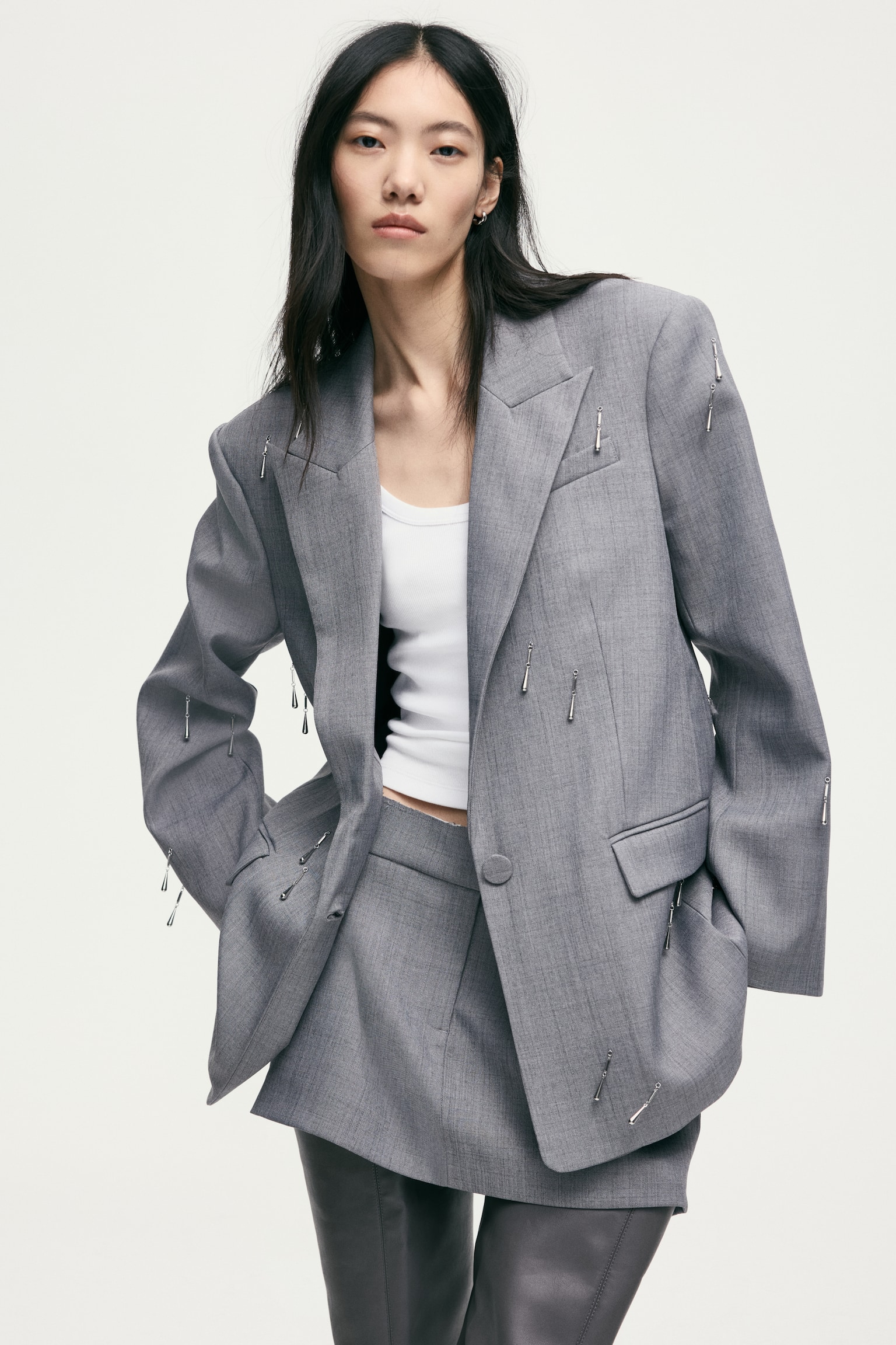 ビーズエンベリッシュドブレザー - グレー - 5