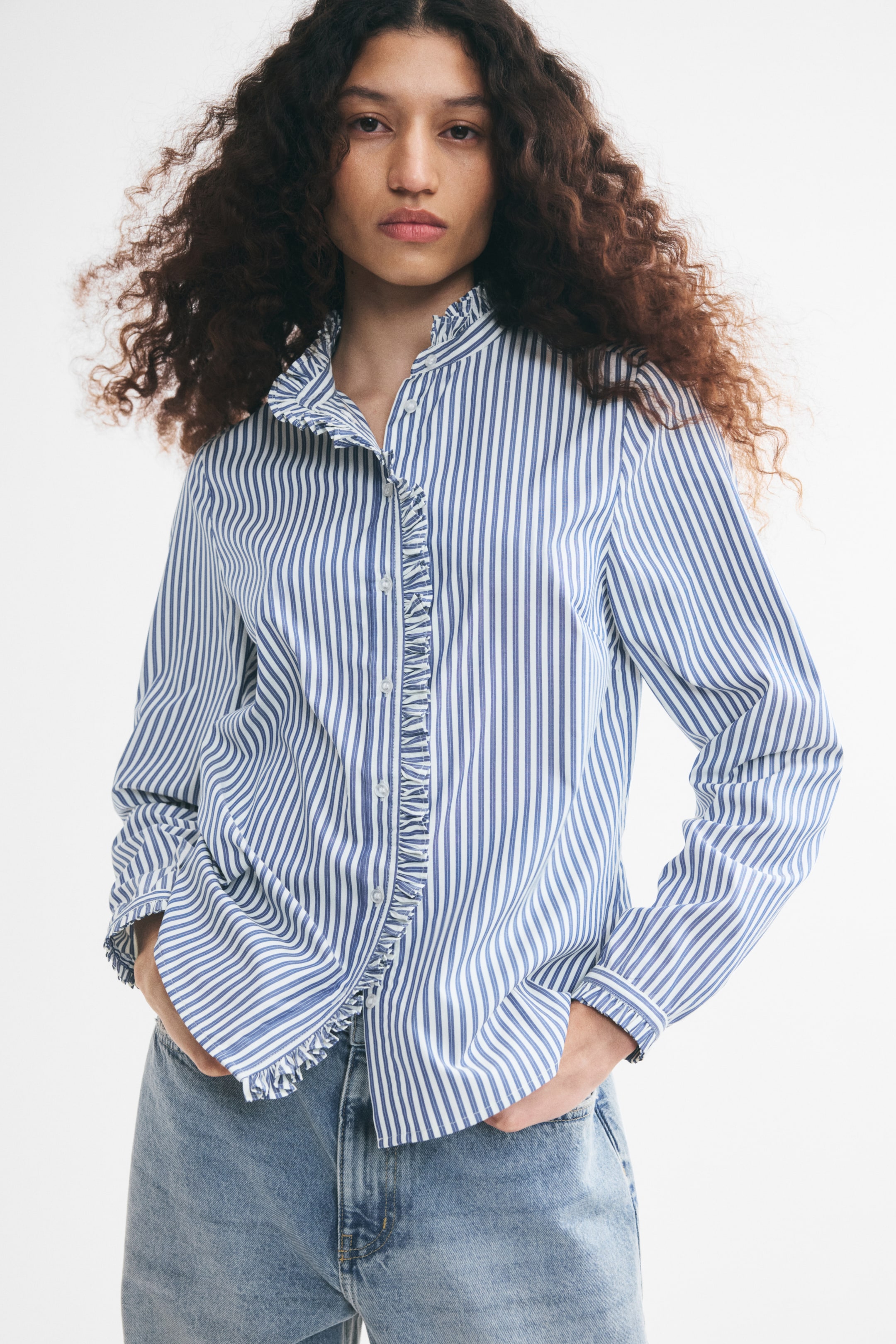 Ruffle-Trimmed Button-Front Blouse