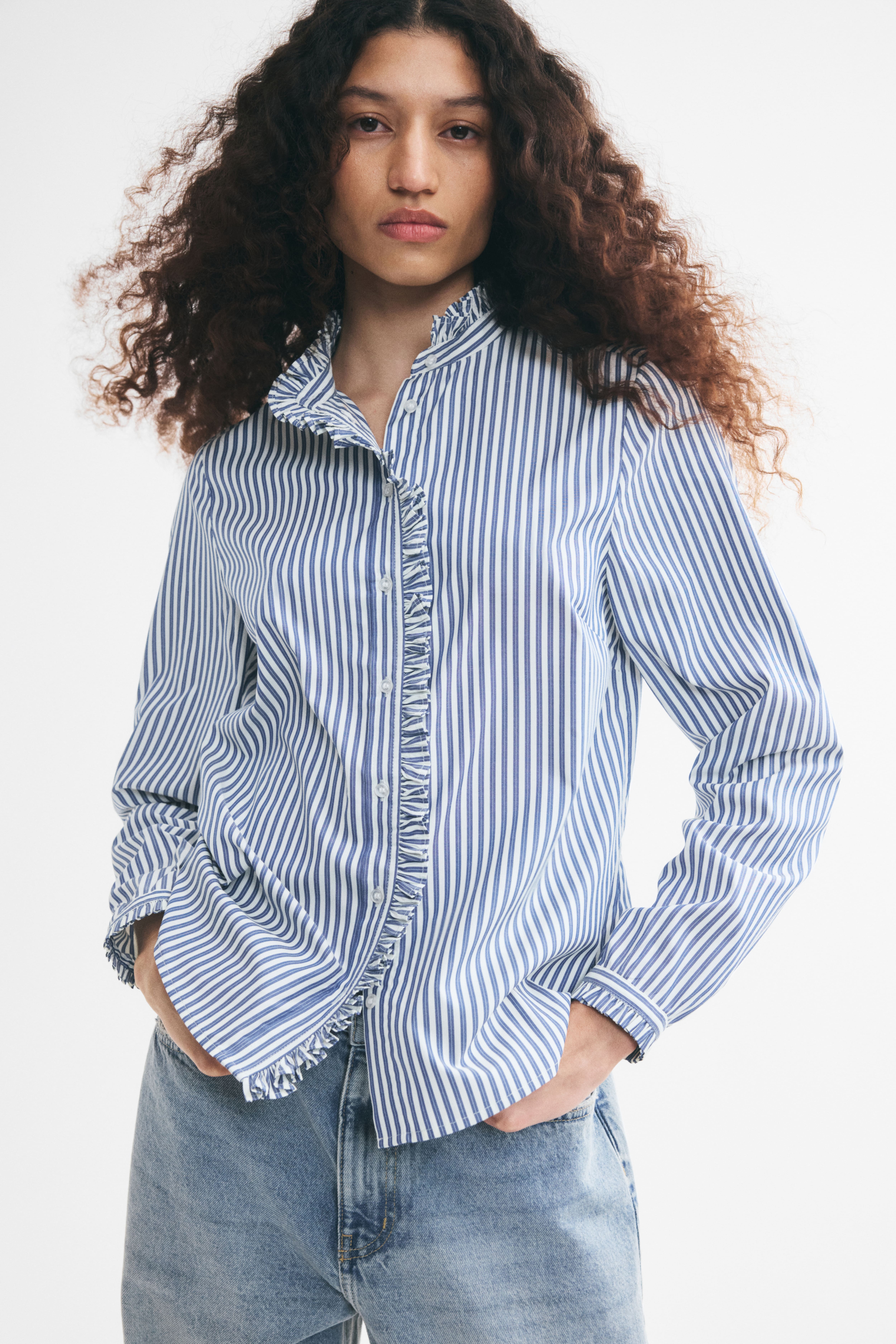 Ruffle-Trimmed Button-Front Blouse