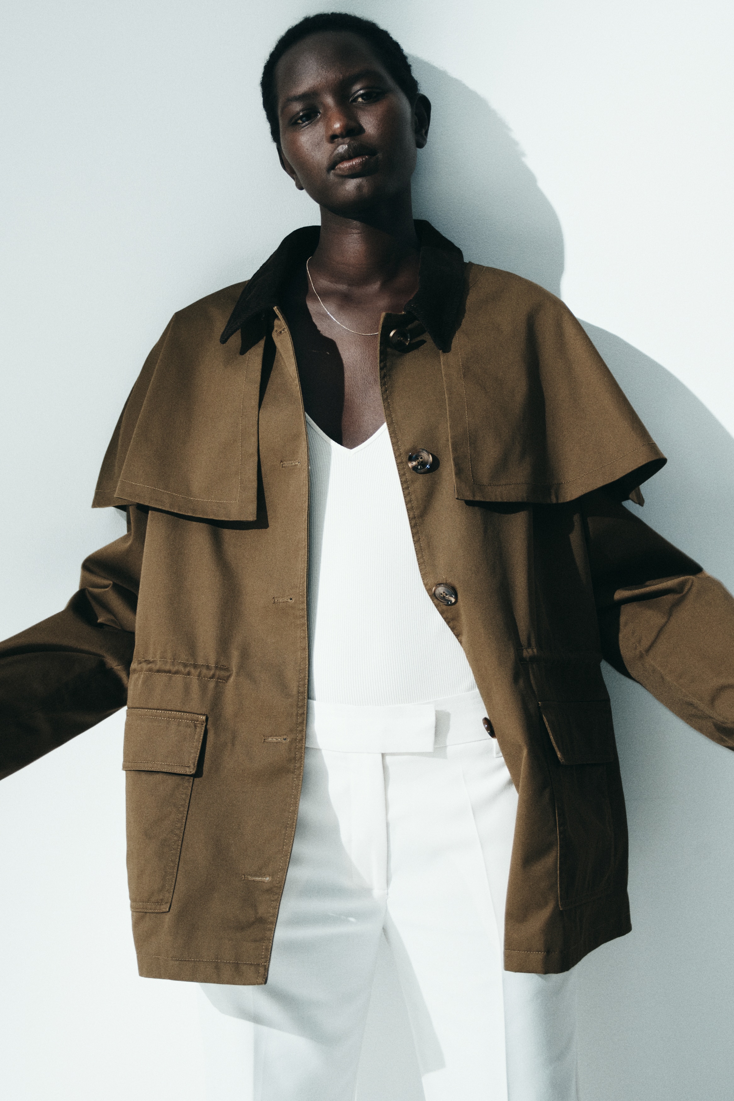 ジャケット・アウター OVERCOAT Cape Shoulder Overcoat - Beige H&M Cape-detail twill jacket | Pacific City