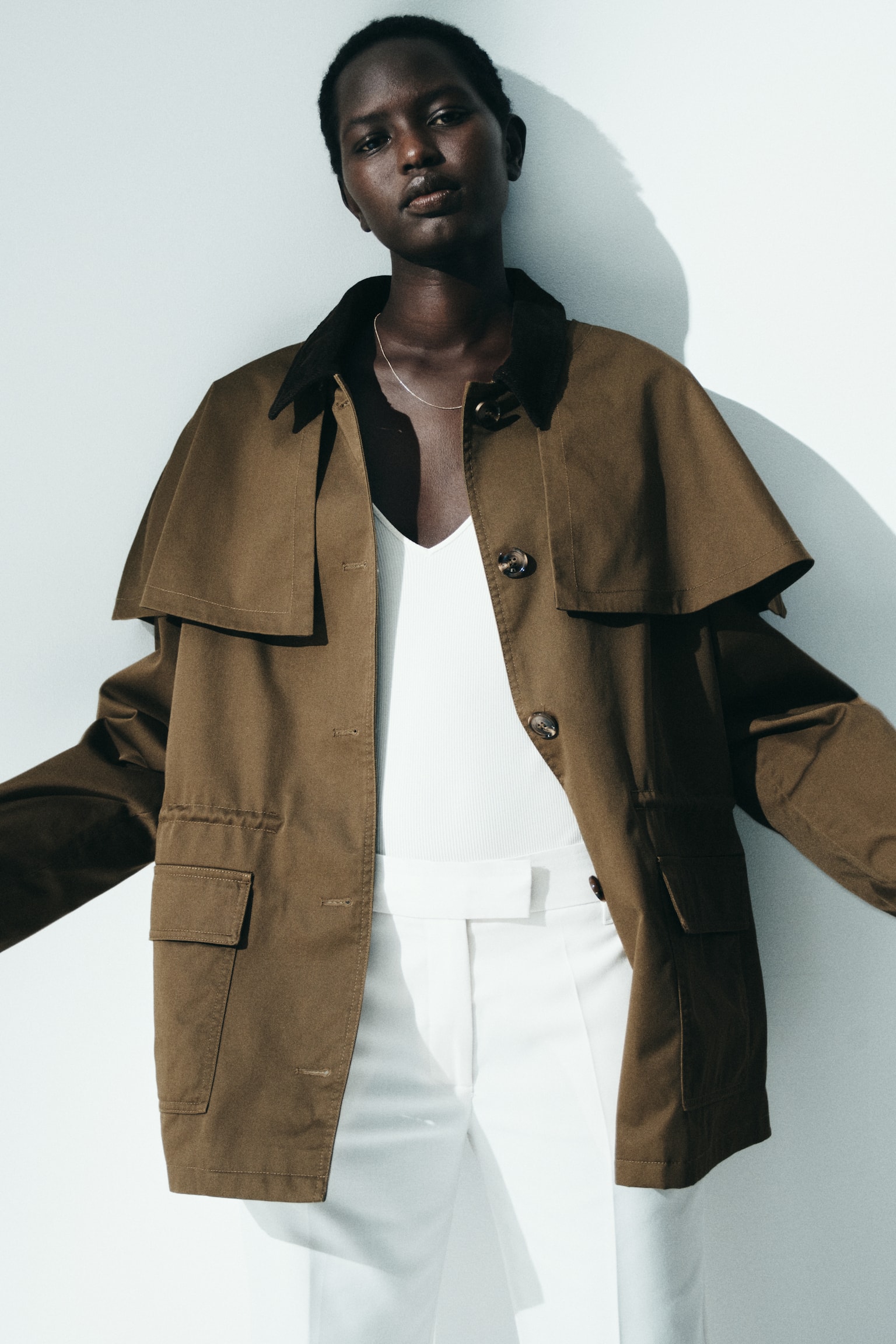 Cape-detail twill jacket - Brown/Beige - 3