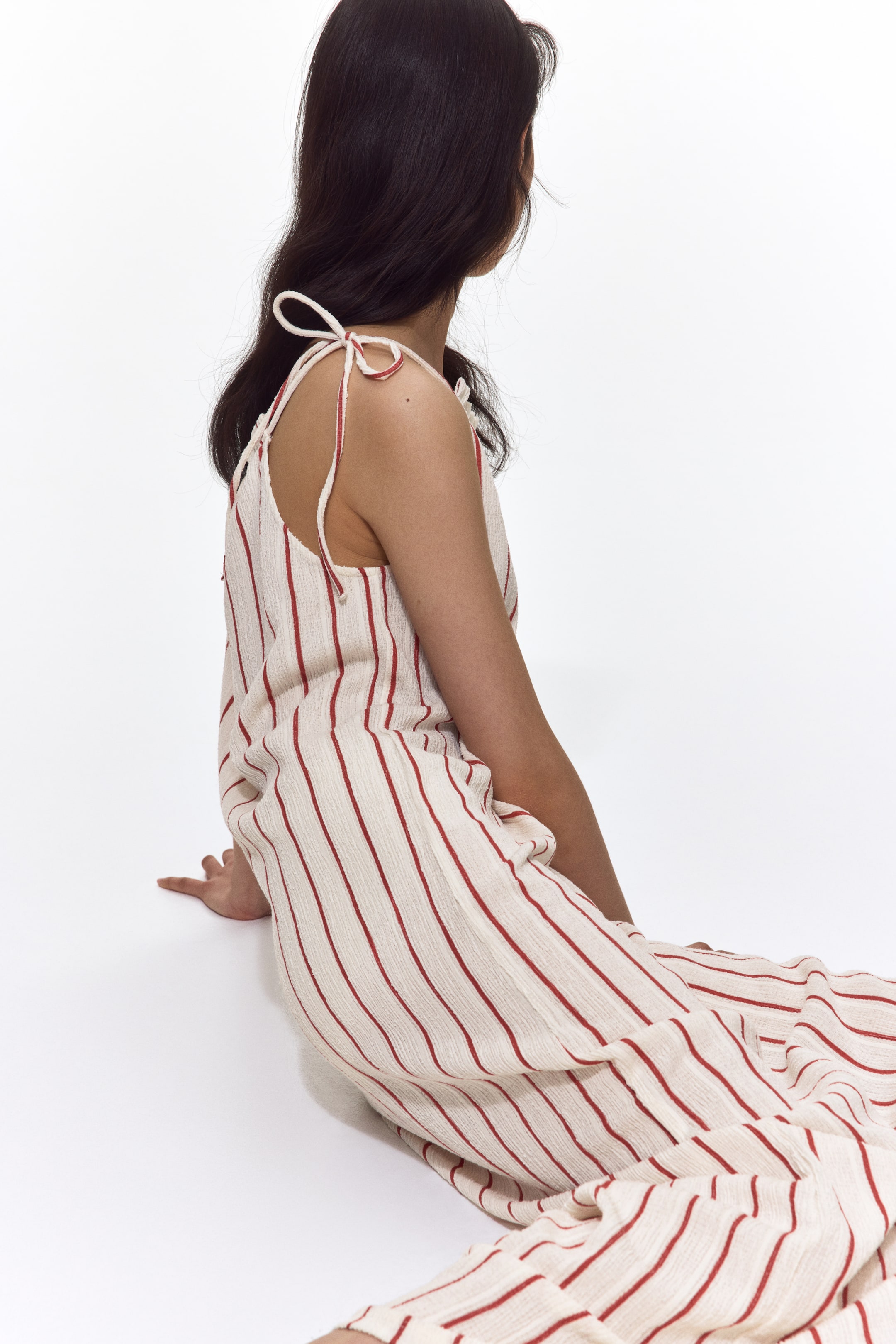 Crinkled Dress with Tie Shoulder Straps