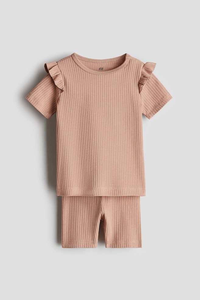 2-piece Ribbed Cotton Set - Beige/Light green - 1