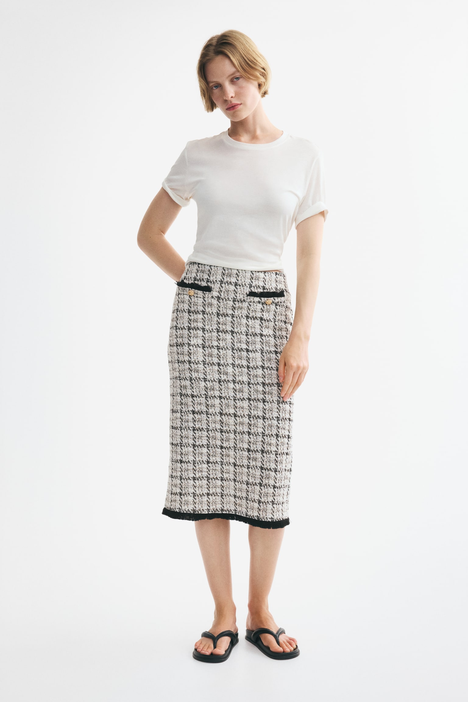Женская юбка H&M Bouclé-Knit Skirt with Fringe, цвет: Кремовый / Клетчатый — фото 3