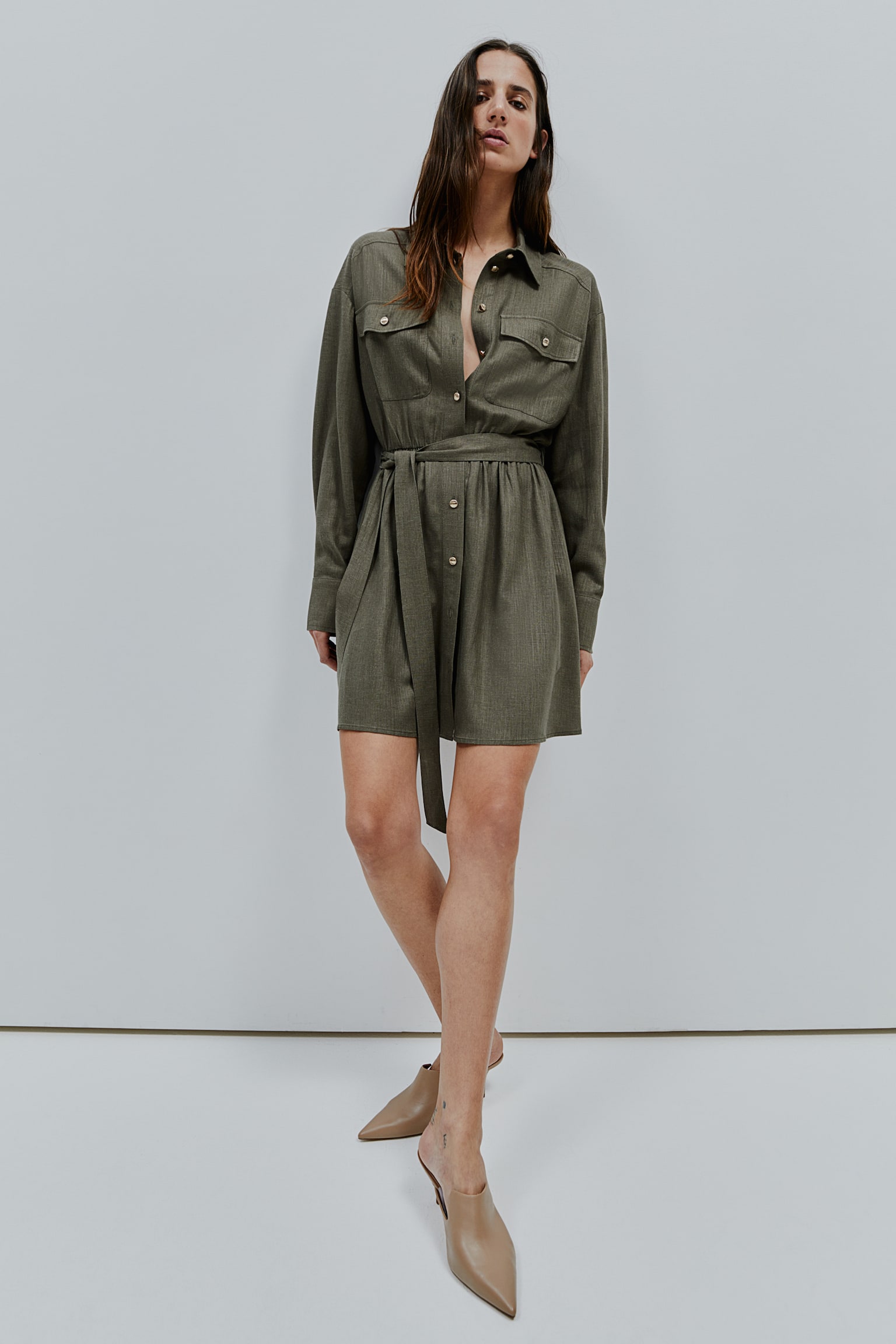 Linen Blend Shirt Dress - Dark khaki green - 3