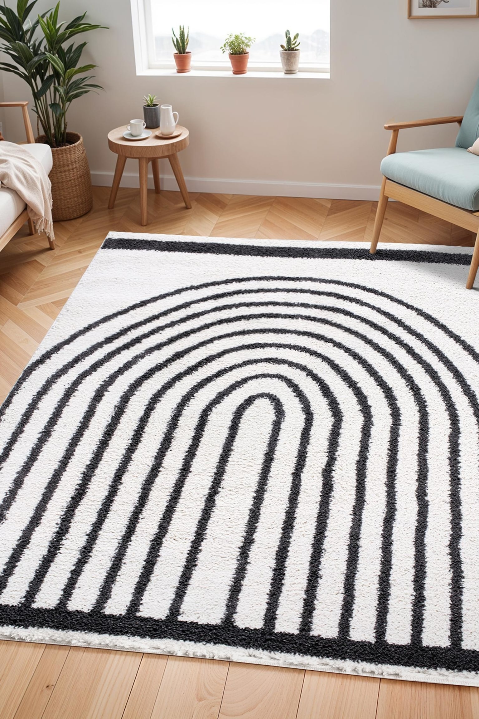 Pihu Modern Shaggy Area Rug - Ivory, Black - 2