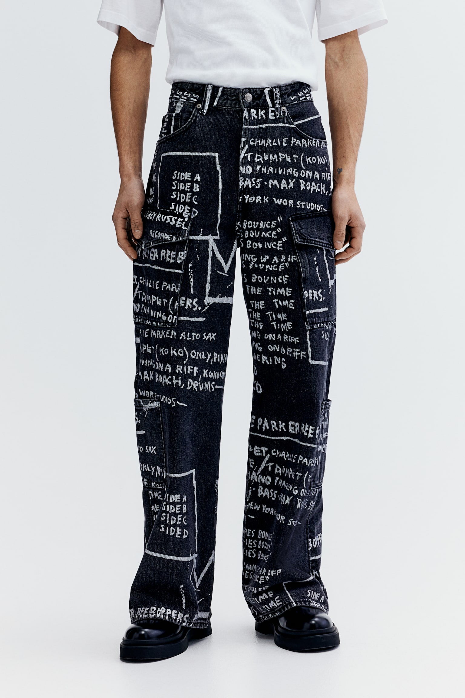 Bootcut Loose Cargo Jeans - Denim black/Basquiat - 5