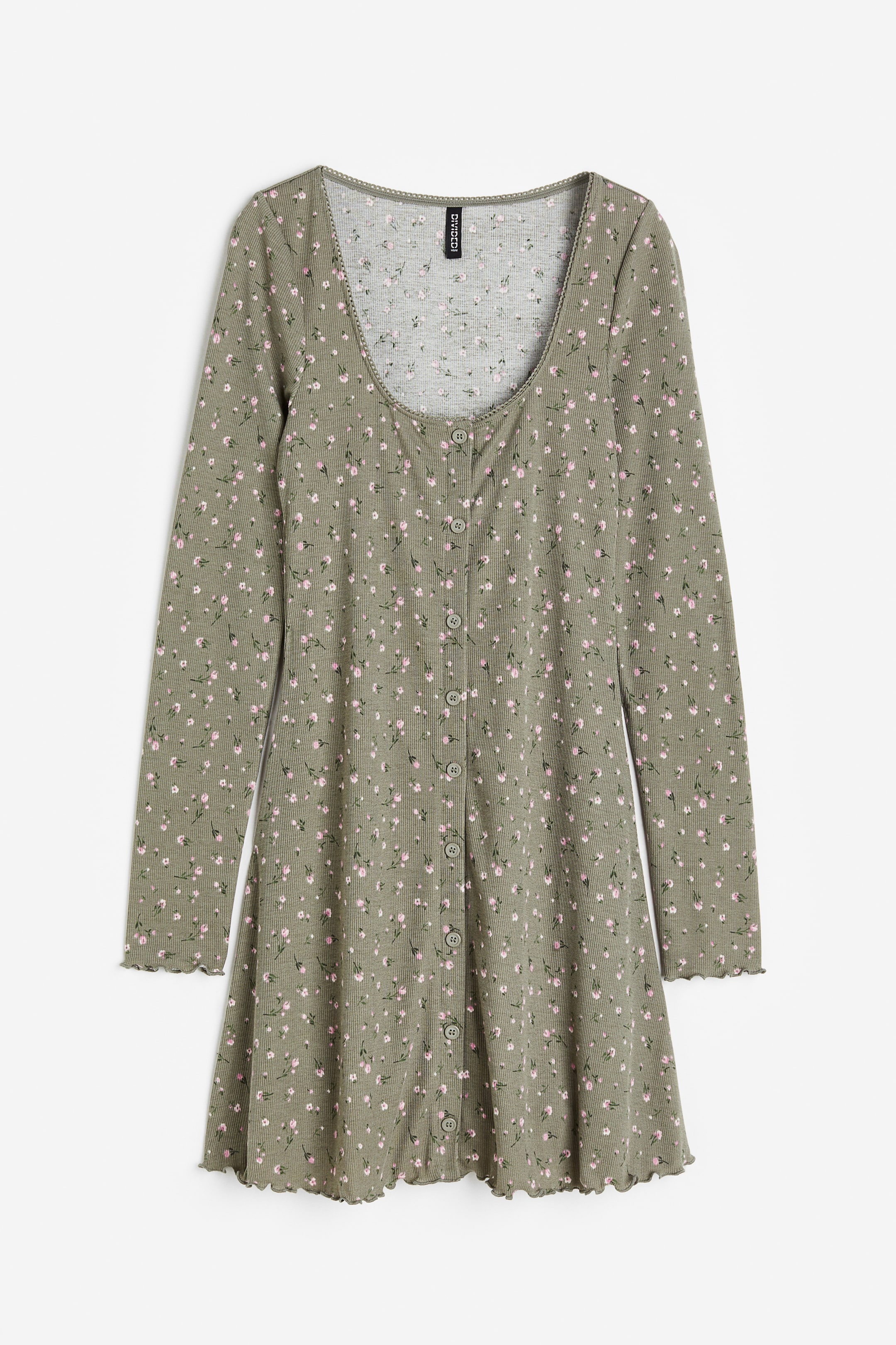 查看大圖: 蕾絲飾邊羅紋洋裝 - 卡其綠/花朵 - Ladies | H&M 1