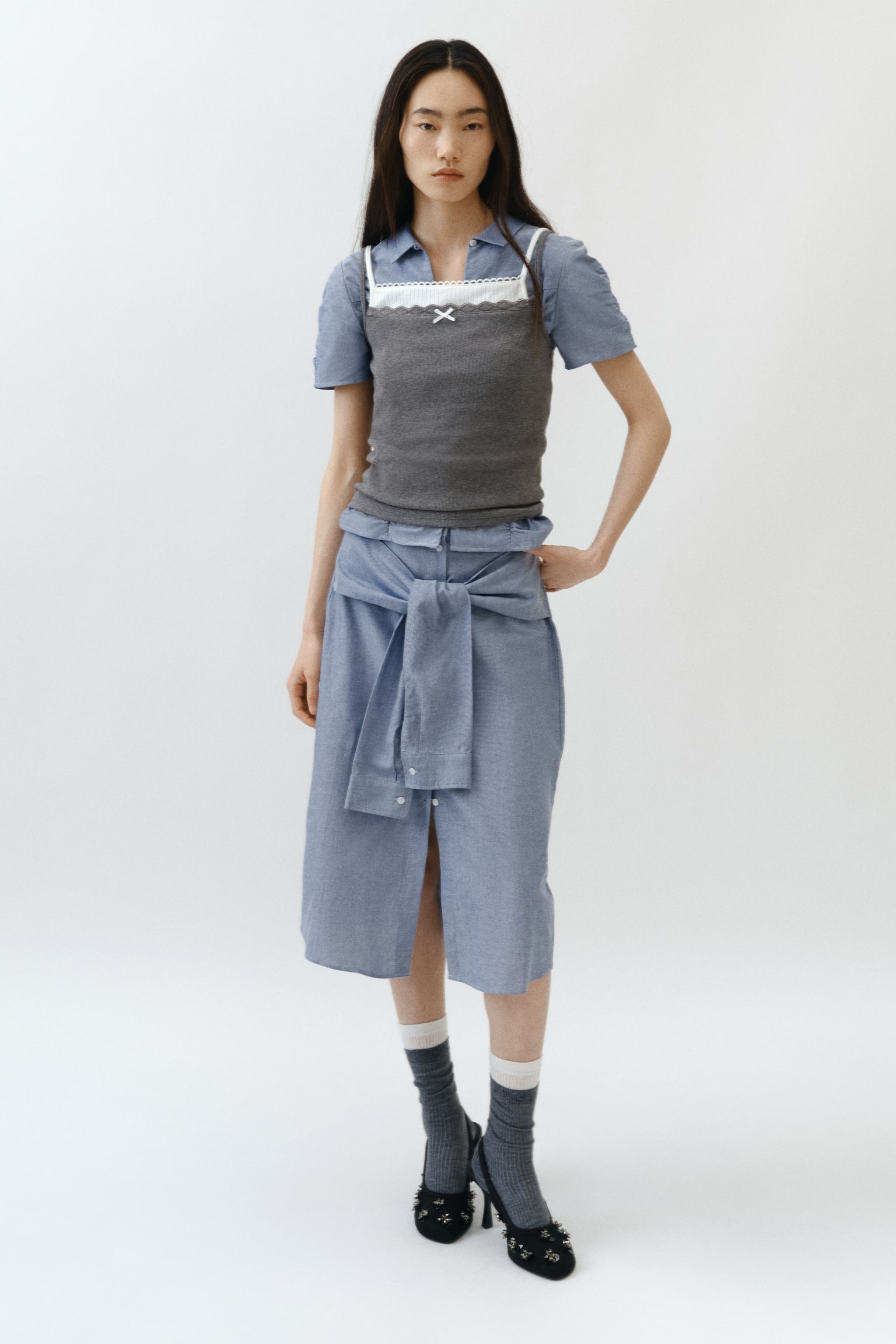 Tie-detail cotton skirt - Light blue - 1