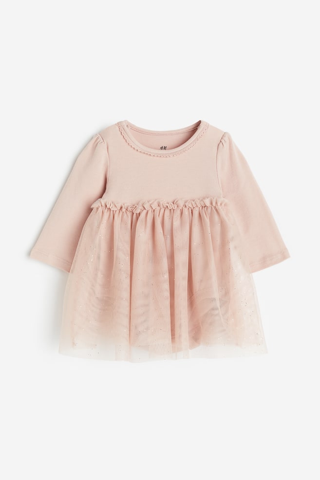 Tulle-skirt dress - Powder pink/Light beige/Red - 1
