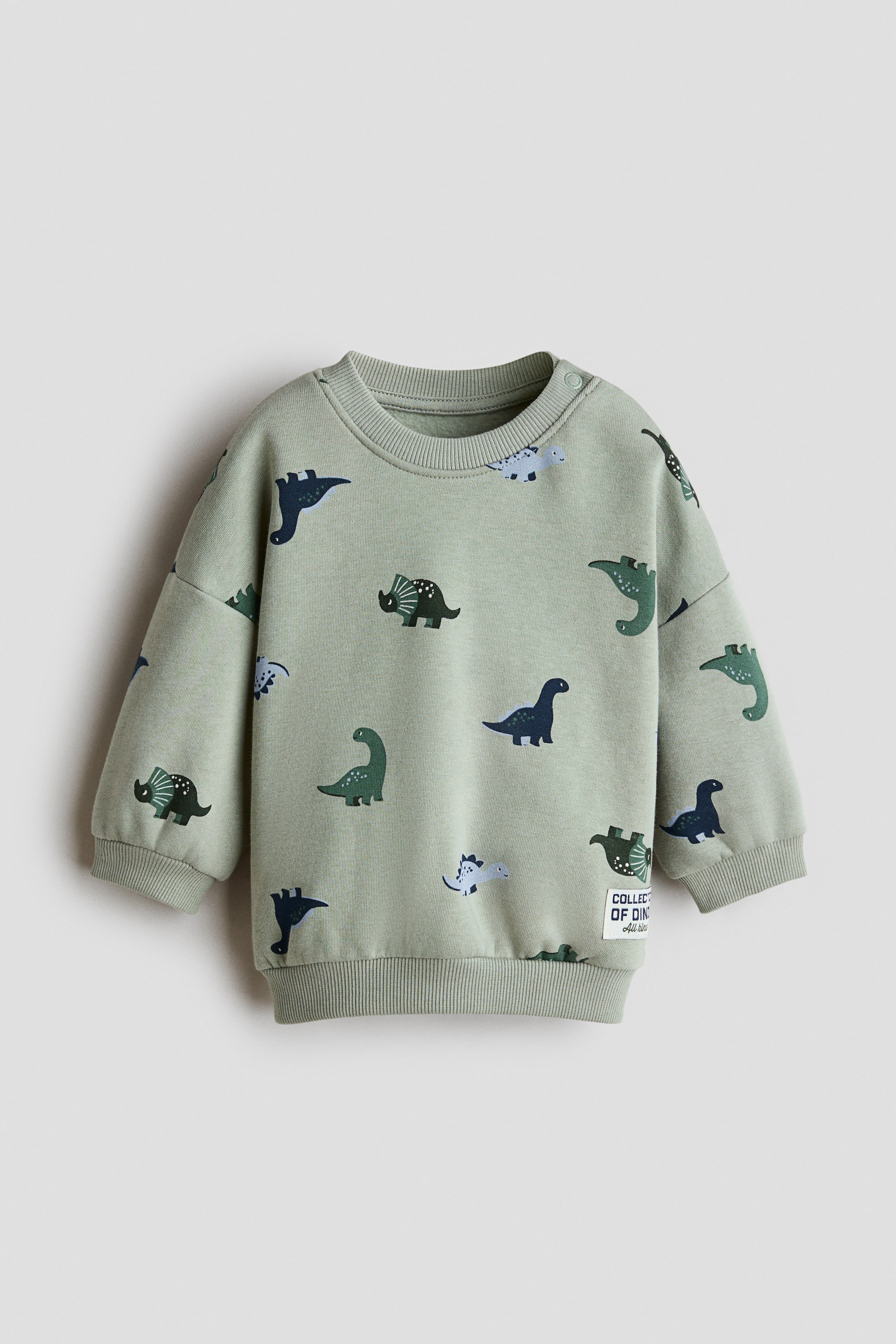View larger image: A light green sweatshirt features an allover print of assorted green and blue dinosaurs. It has a ribbed crew neck, ribbed cuffs, and a ribbed hem, with two snap buttons on the left shoulder and a small fabric label reading "COLLECTION OF DINO" on the lower right front.
