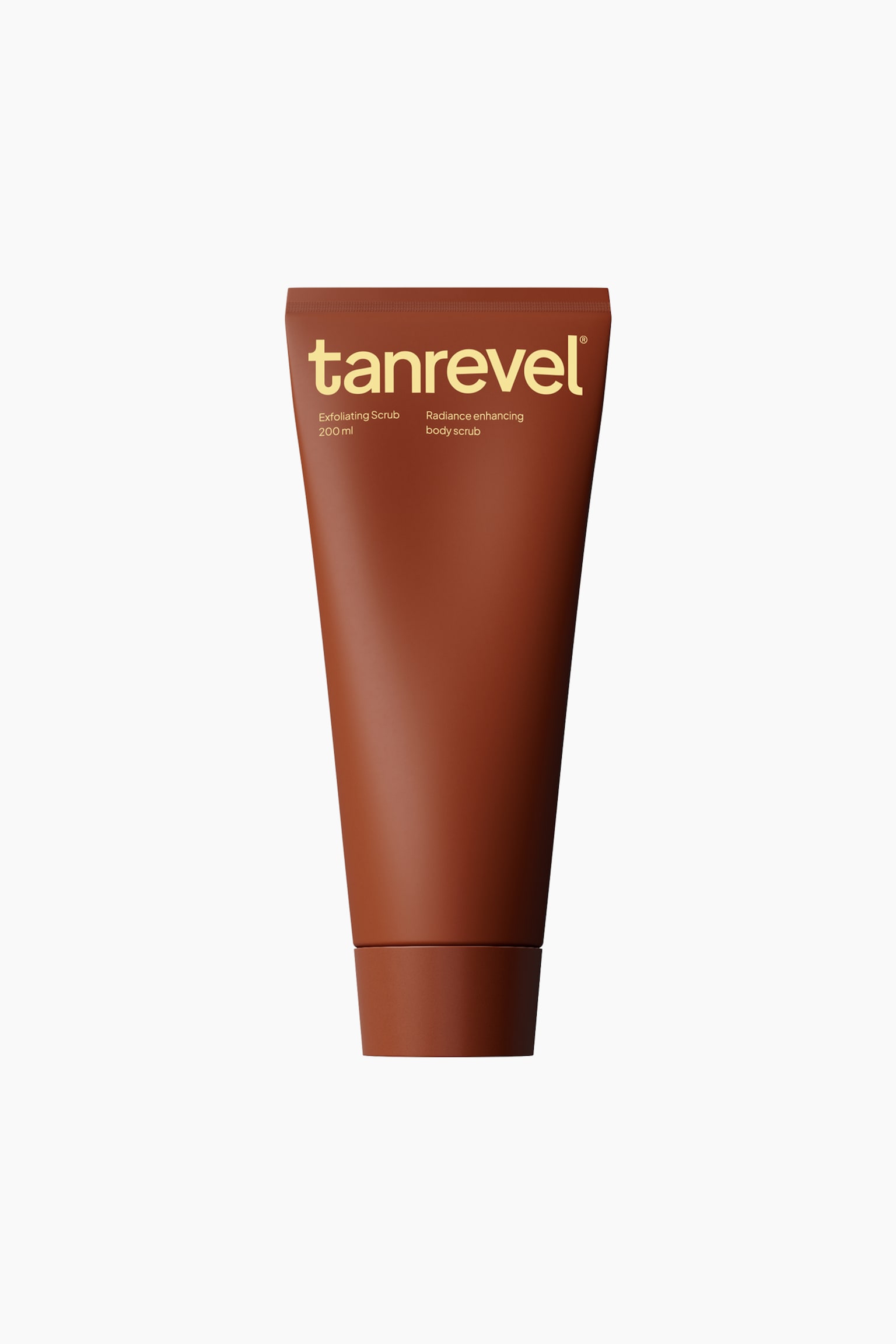 En klÃ¤mbar tub med Tanrevel Exfoliating Scrub stÃ¥r upprÃ¤tt och vÃ¤nd framÃ¥t, med en matt rÃ¶dbrun kropp och ett matchande lock vid basen. Framsidan av tuben visar guldig text som inkluderar varumÃ¤rket "tanrevel" och produktdetaljer.