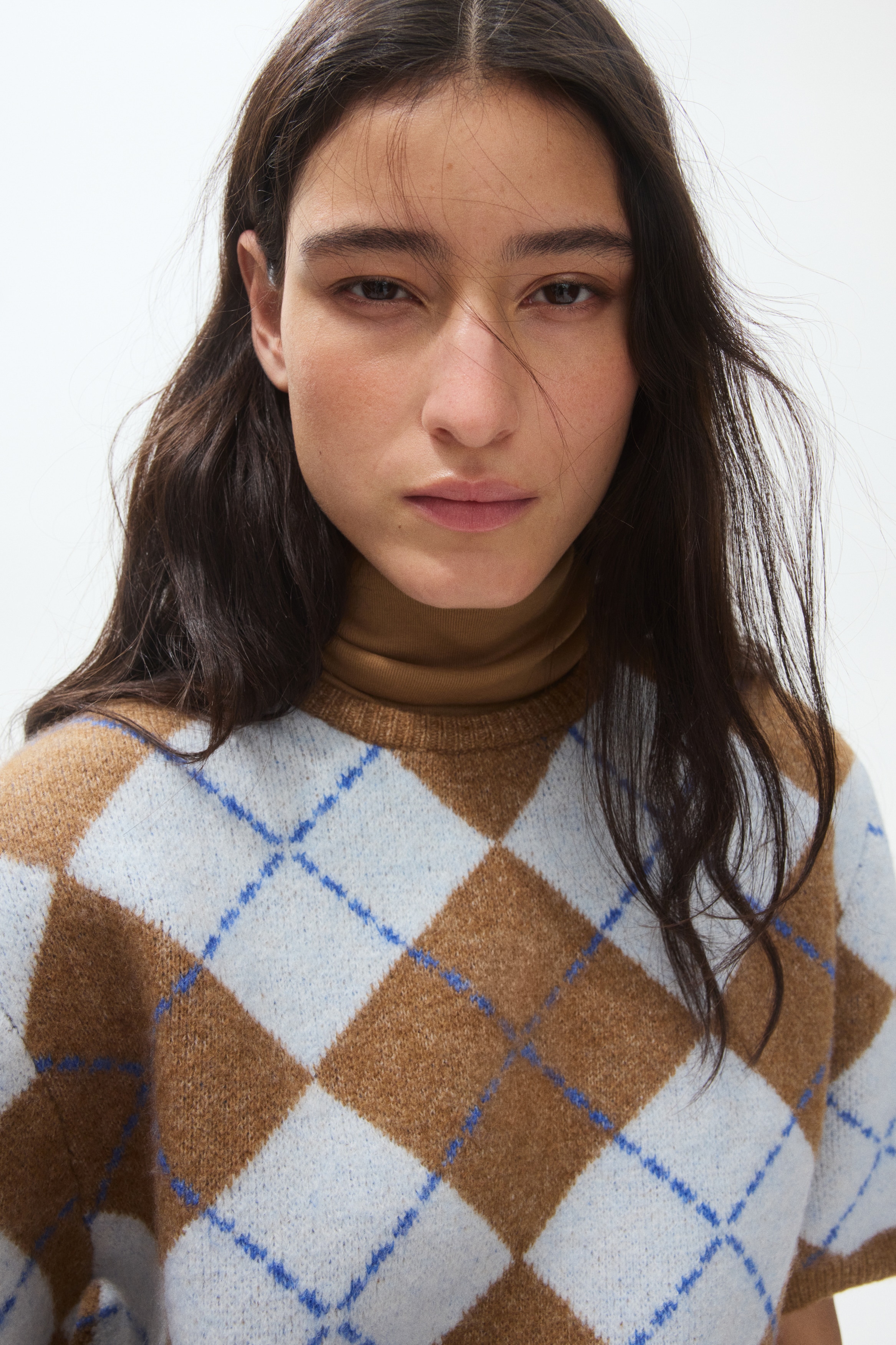 Short Sleeve Jacquard Knit Sweater-Beige marle/Argyle pattern
