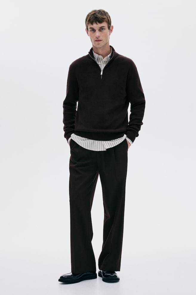 Regular Fit Half-Zip Sweater-Brown - 3