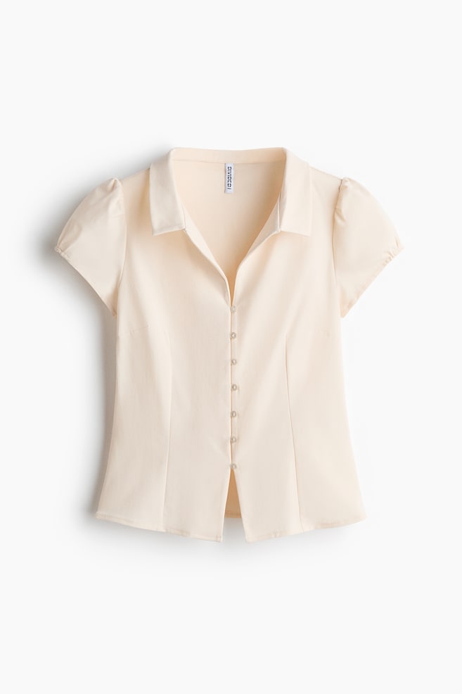 Button-Front Top with Collar - Light beige/Light dusty blue/Dusty blue/checked - 1