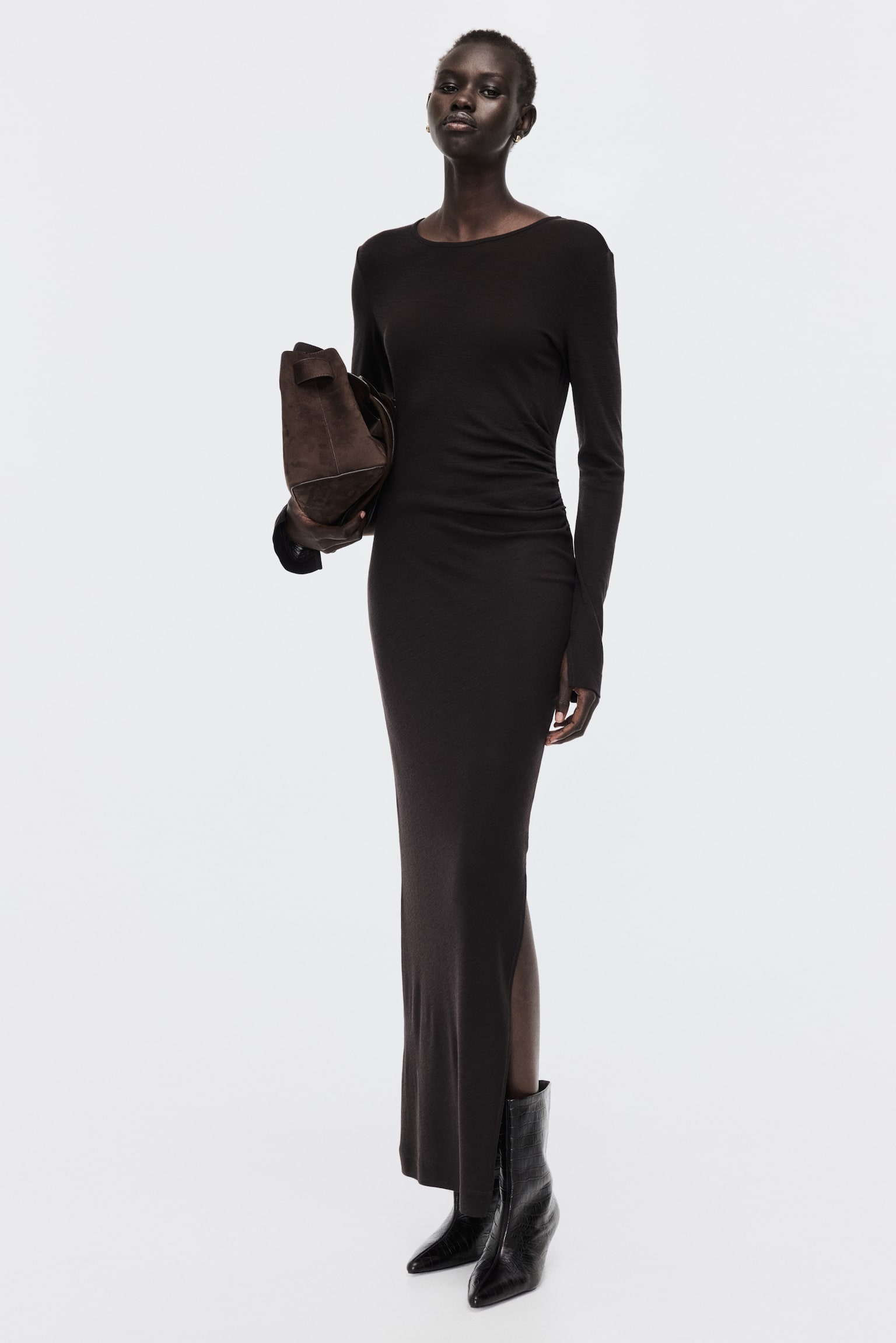 Abito lungo in lana - Marrone scuro/Grigio scuro mélange - 1