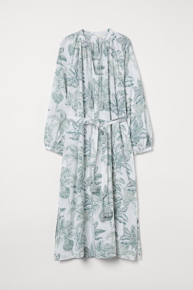 Embroidered kaftan dress - V-neck - Long sleeve - White/Palm trees ...