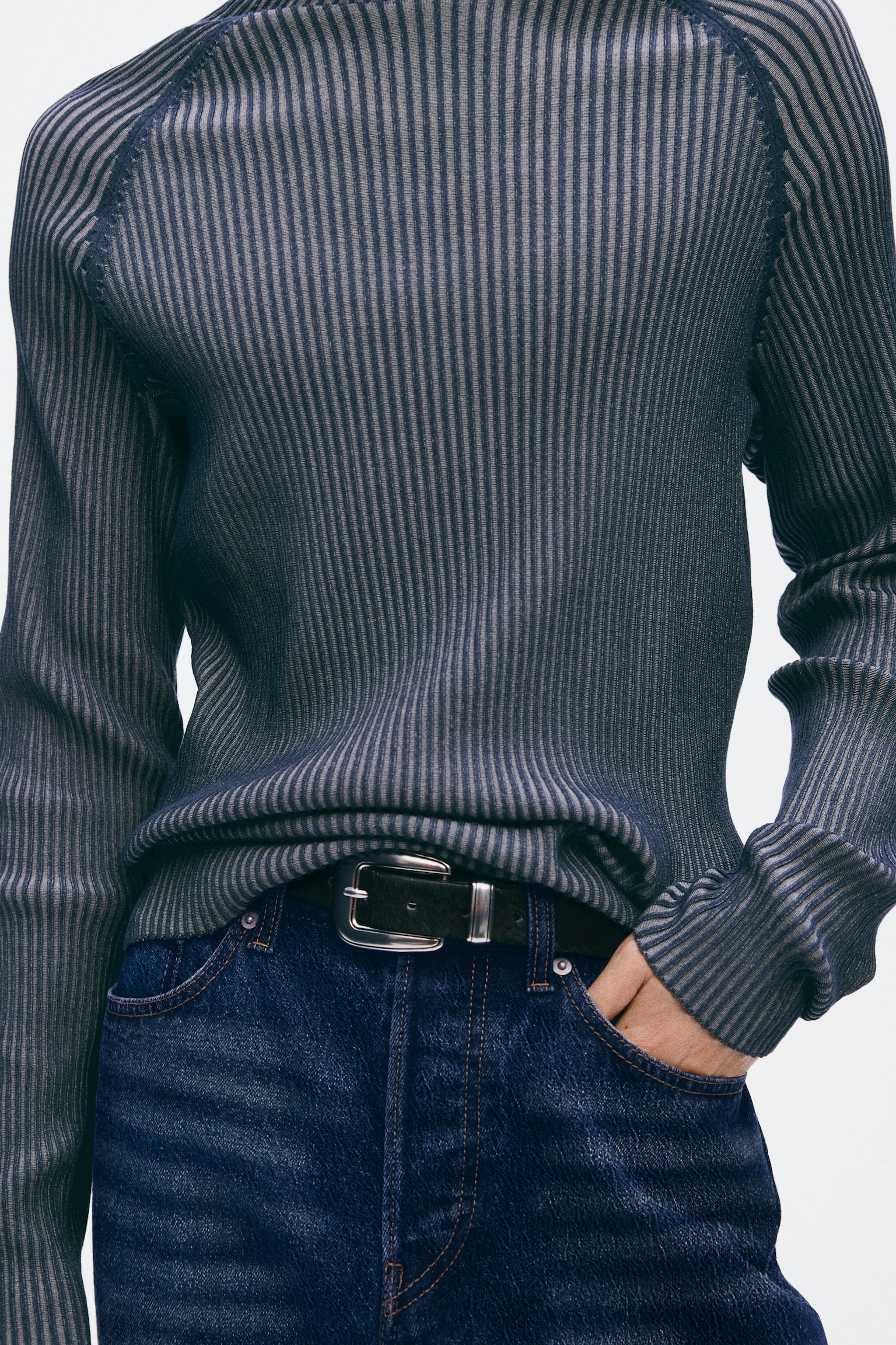 Мужской свитер H&M Slim Fit Rib-Knit Mock Turtleneck, цвет: Тёмно-синий / Полосатый — фото 3