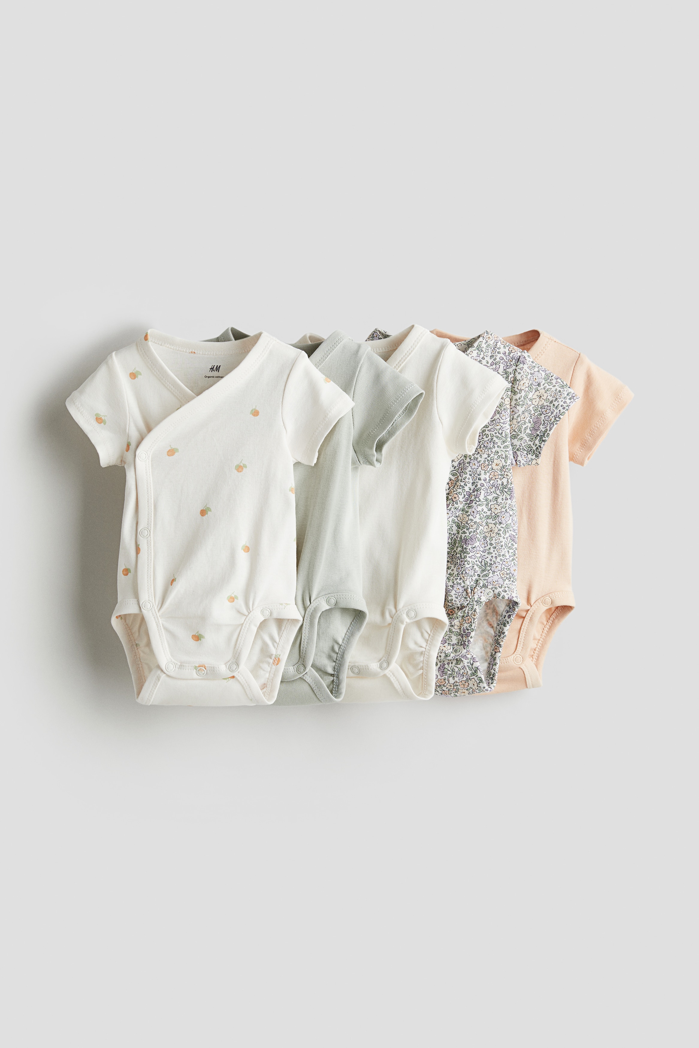 5-pack Cotton Bodysuits - V-neck - Short sleeve - Peach/floral 