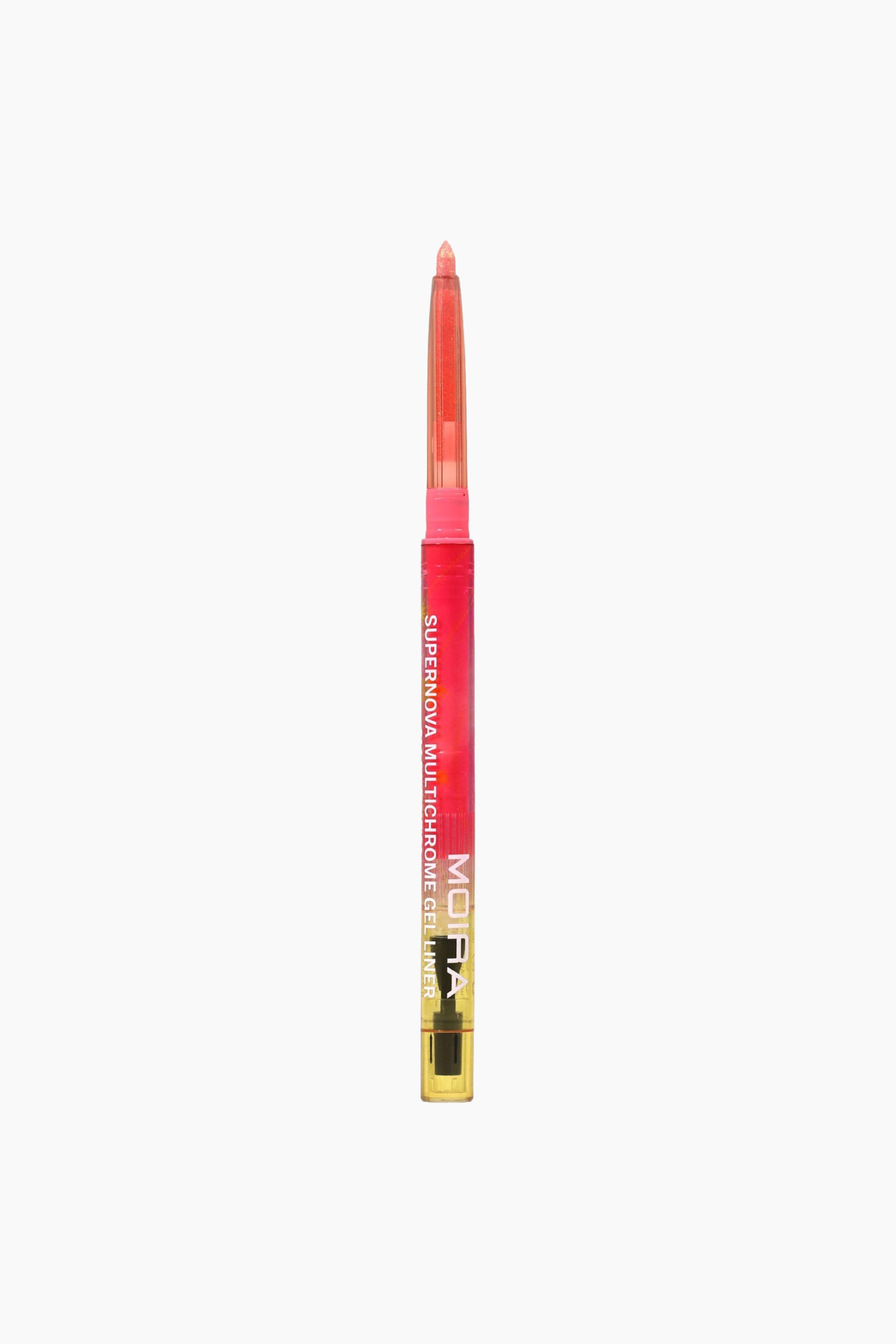 Visa större bild: En Moira Supernova Multichrome Gel Liner står upprätt och vänd framåt, med en blottad skimrande persika-rosa spets och en halvgenomskinlig fuchsia-rosa kropp som visar produktnamnet och varumärket, allt ovanpå en guldfärgad, uppvridbar bas.
