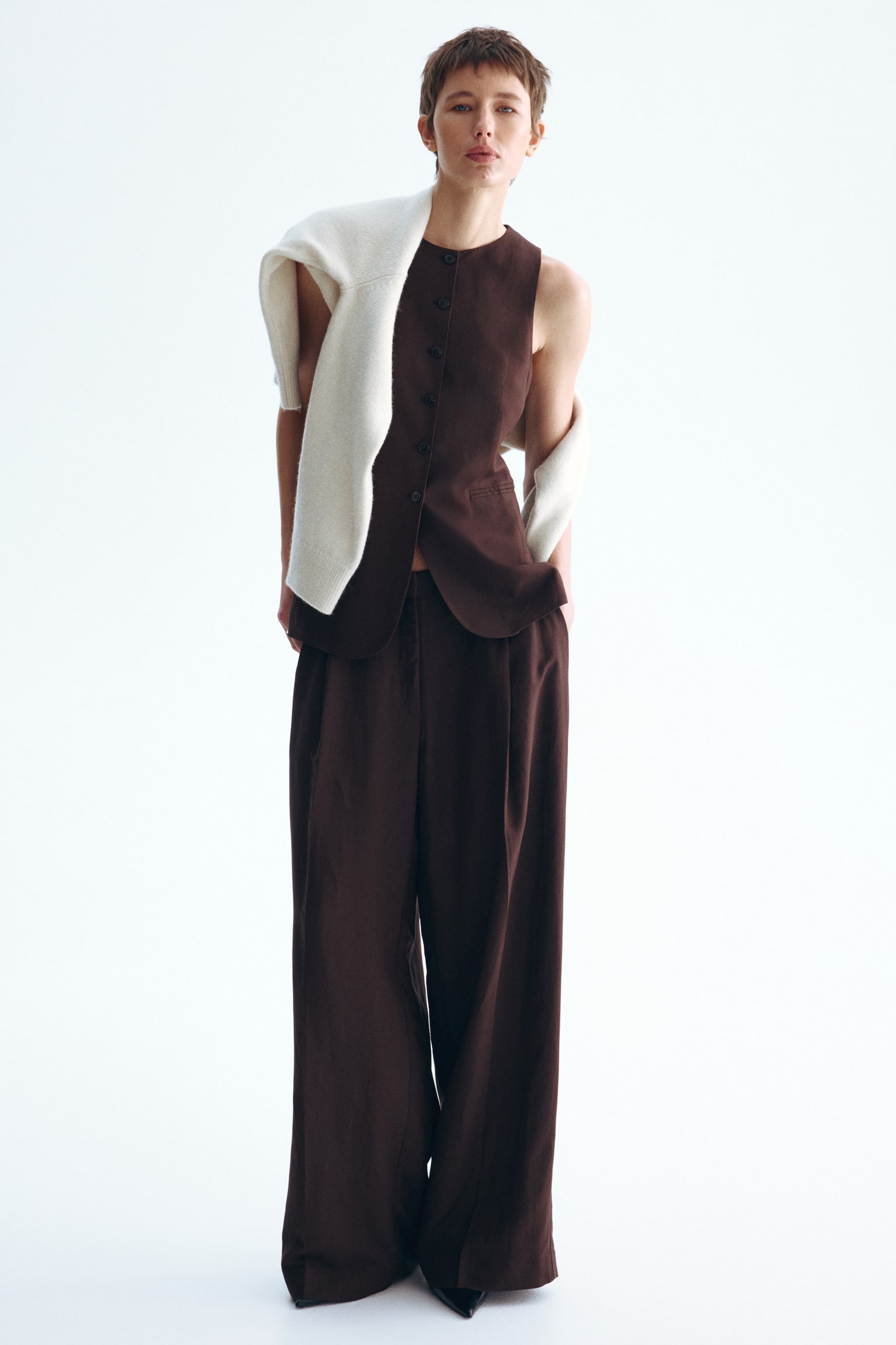 וסט ארוך - חום כהה/בז' - 4