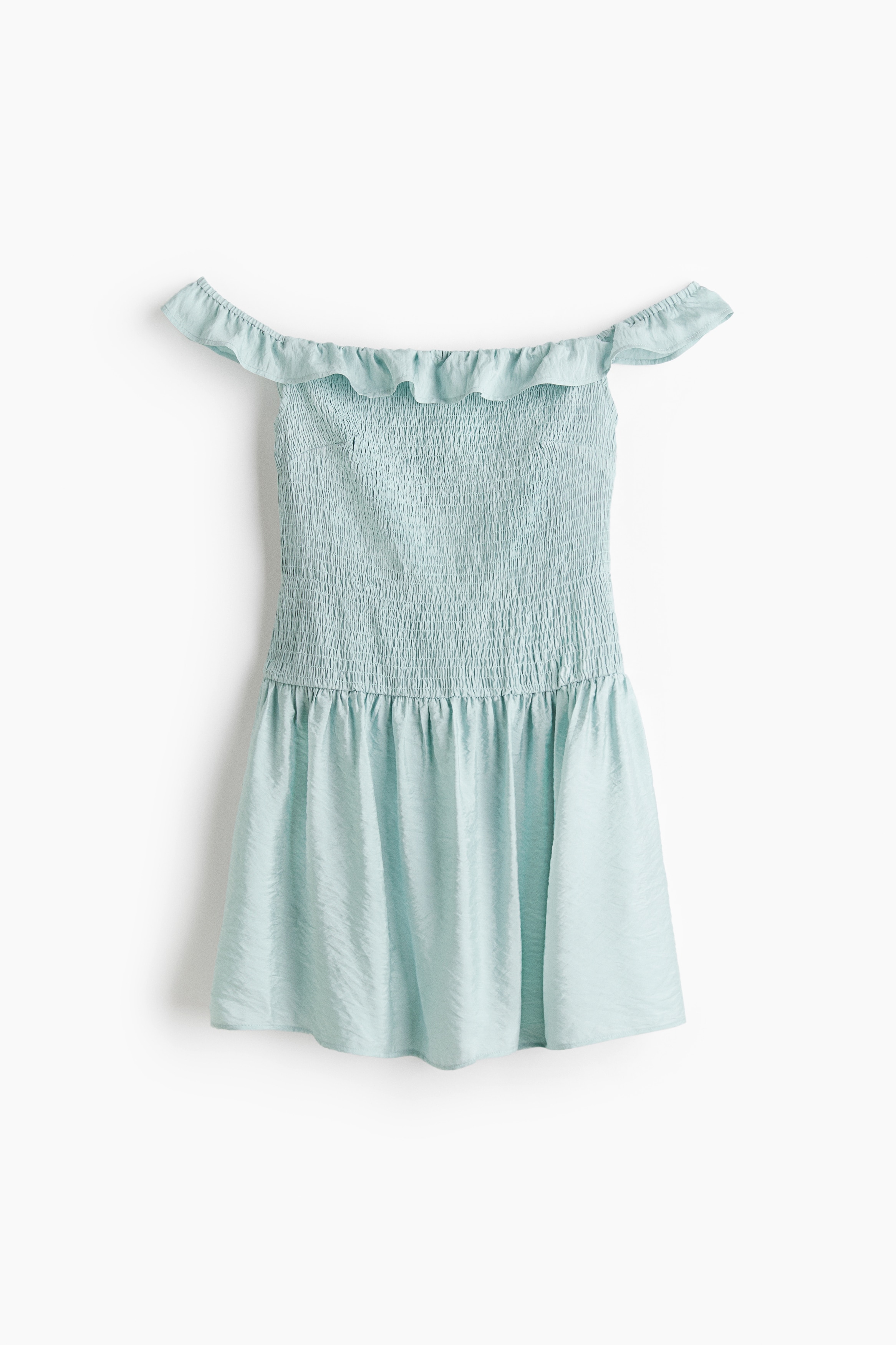 Abito a spalle scoperte con smock - Turchese chiaro/Bianco/fiori/Bianco