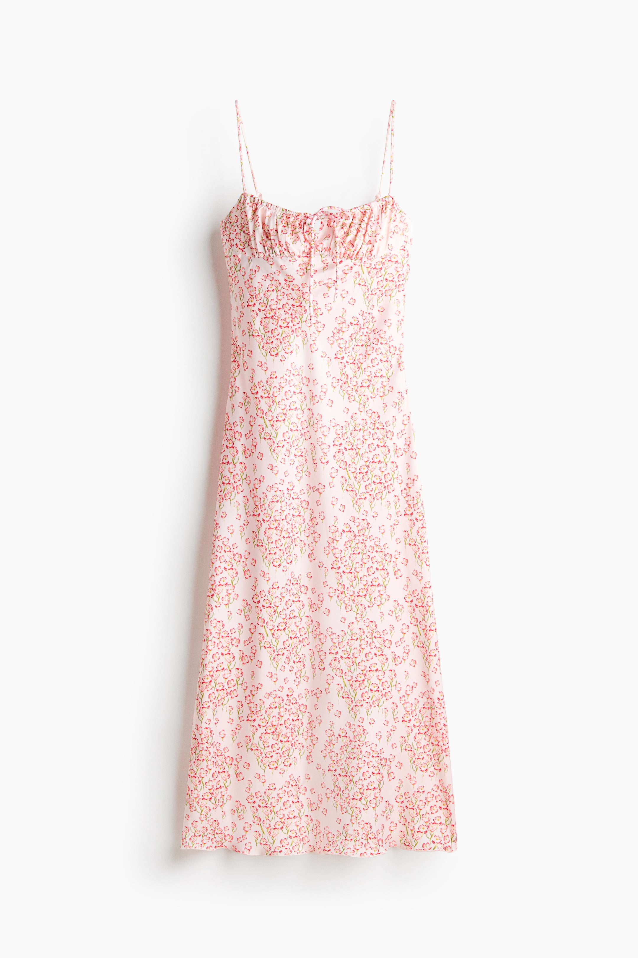 View larger image: The calf-length, fitted dress features a softly draping floral print, a sweetheart neckline with a narrow drawstring, and a keyhole opening at the center of the bust. It showcases narrow, adjustable shoulder straps, gathered cups, and an overlocked hem.