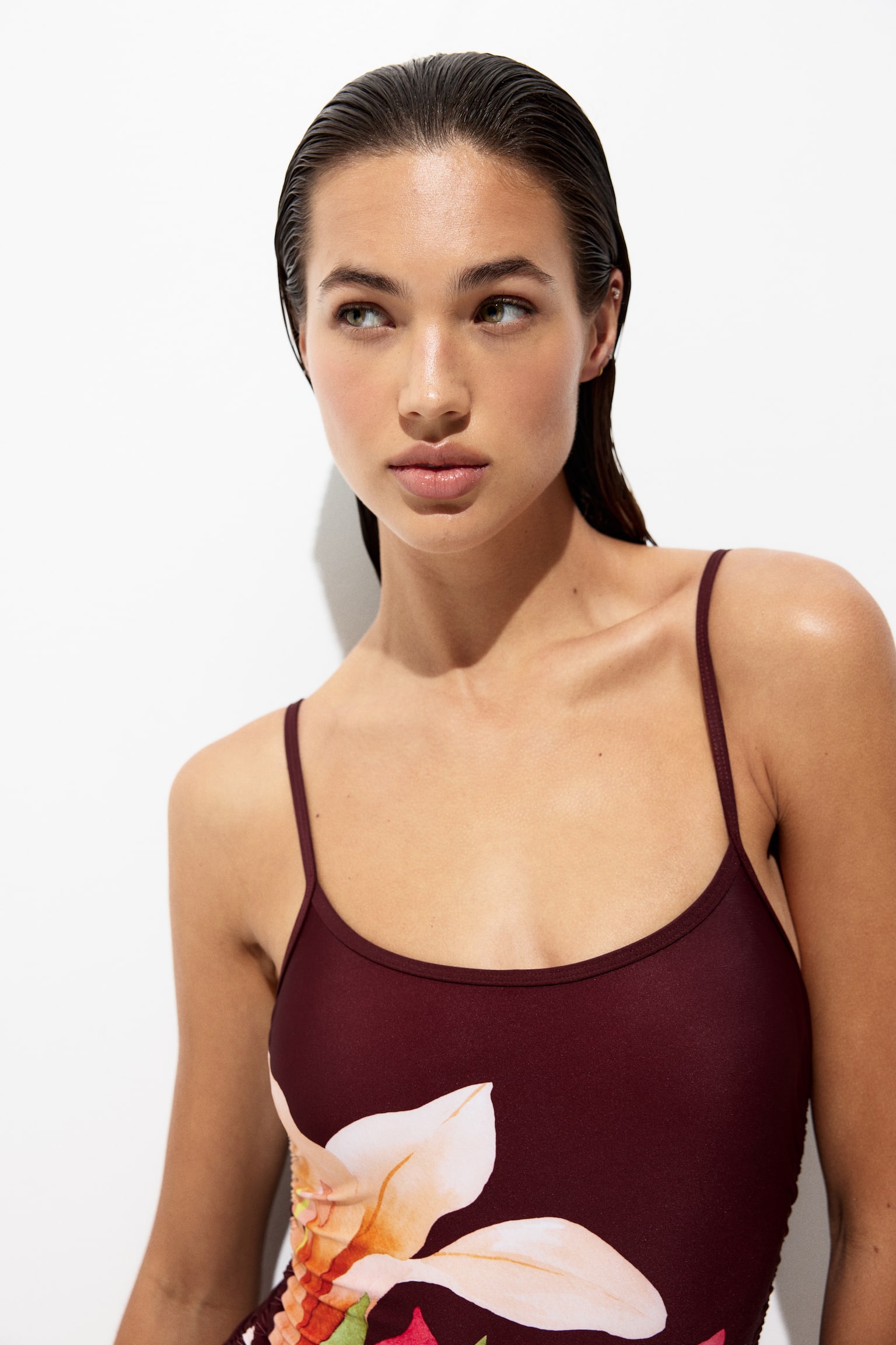 Padded-cup High Leg Swimsuit - Burgundy/Flower - 3