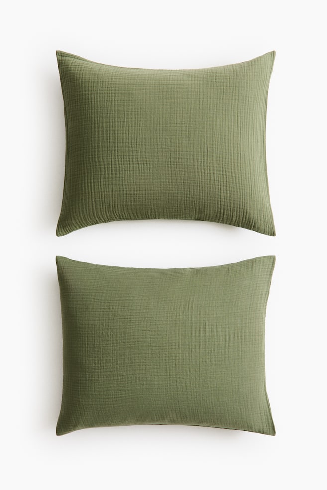 2-Pack Cotton Muslin Pillowcases - Green/Light taupe/Light dusty beige/Taupe - 1