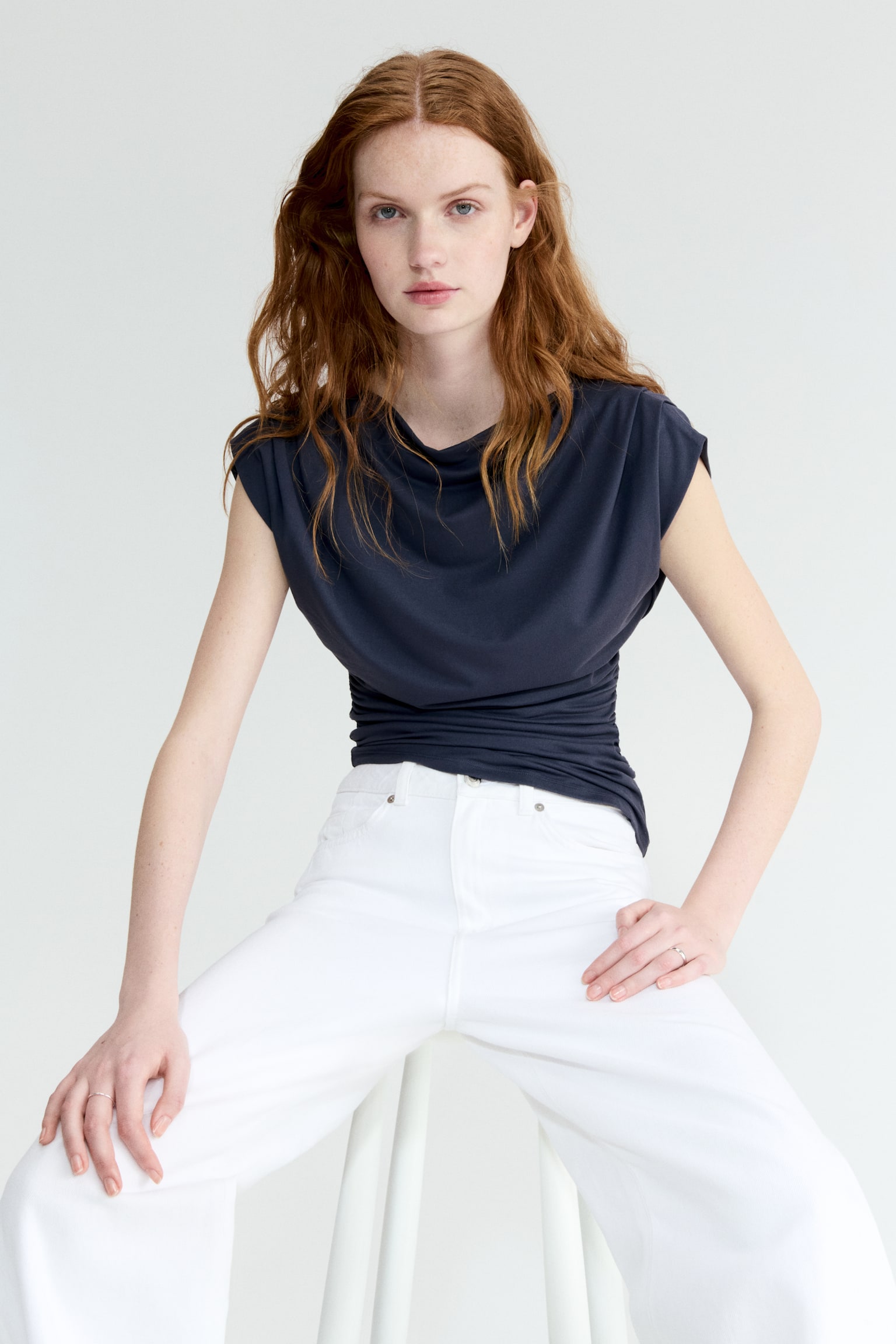 Draped boat-neck top - Dark pigeon blue/Beige/Dark brown - 1