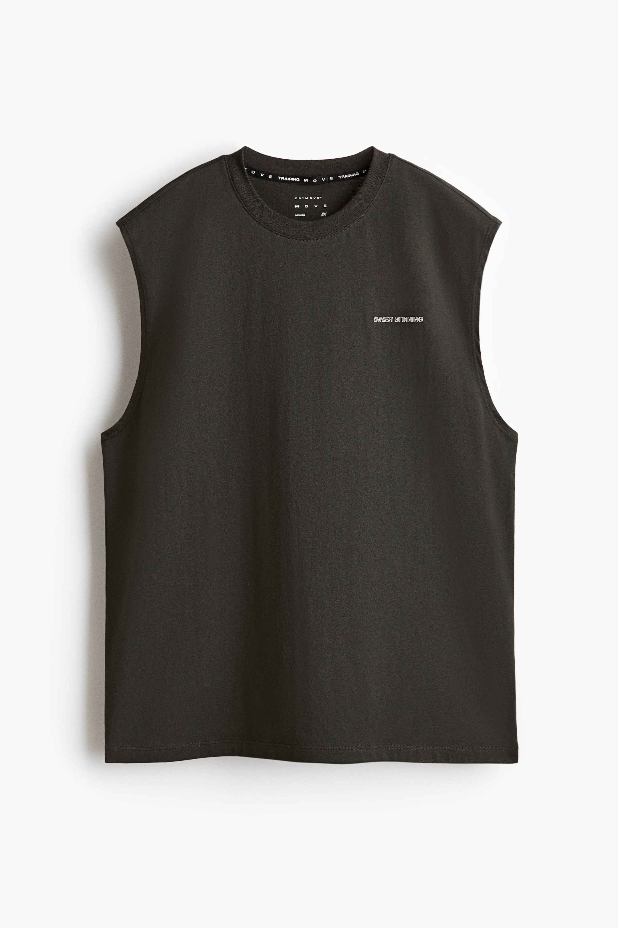 View larger image: A dark grey sleeveless top is shown from the front, featuring a crew neck and a straight hem. The text 'INNER RUNNING' is visible on the chest, and branding information appears on the inner neck tape.