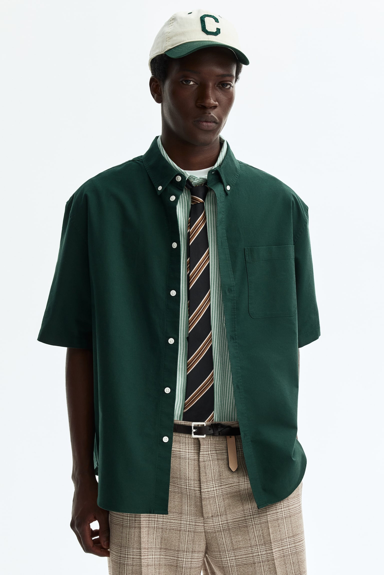 חולצת אוקספורד עם שרוולים קצרים Relaxed Fit - ירוק כהה/לבן/כחול כהה - 5