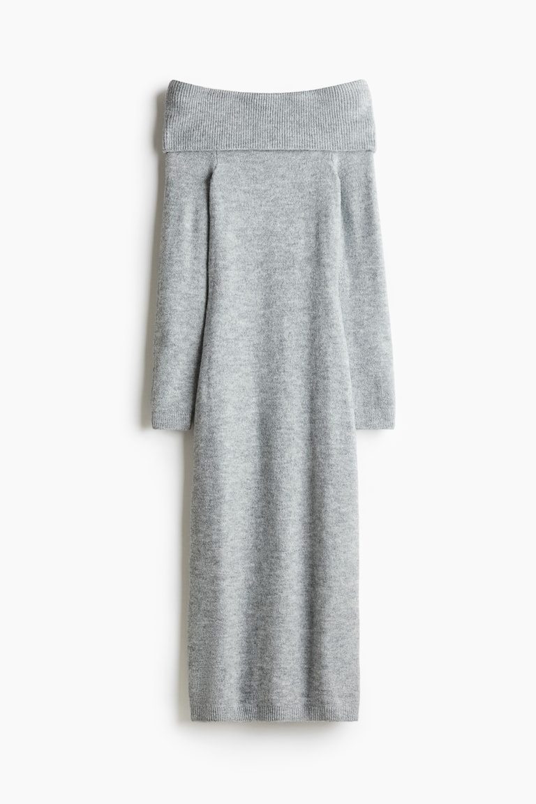 Off-the-shoulder fine-knit dress Light grey marl Ladies H&M
