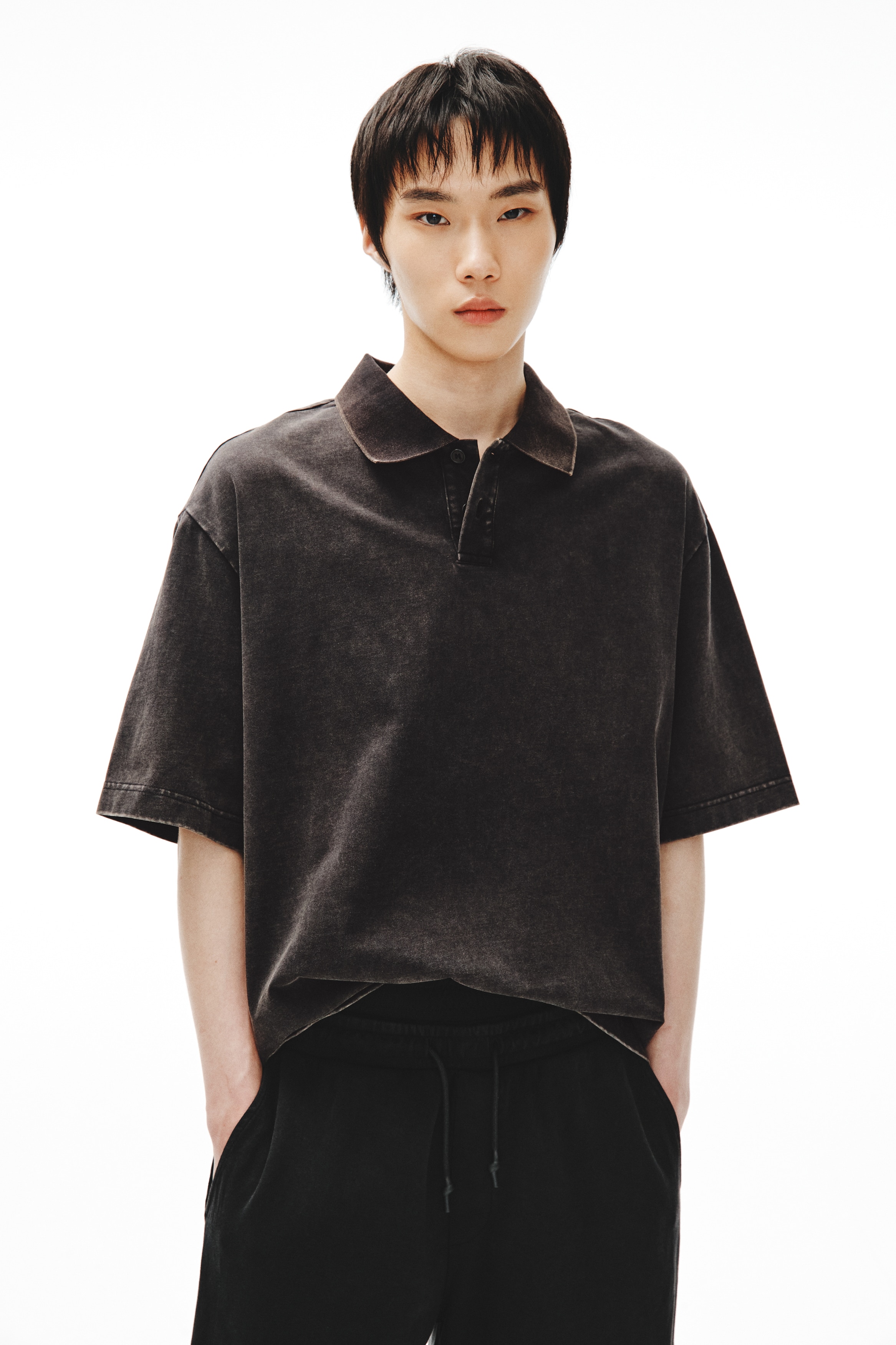 Loose-Fit Cotton Polo Shirt - Black/Khaki green/Plum purple
