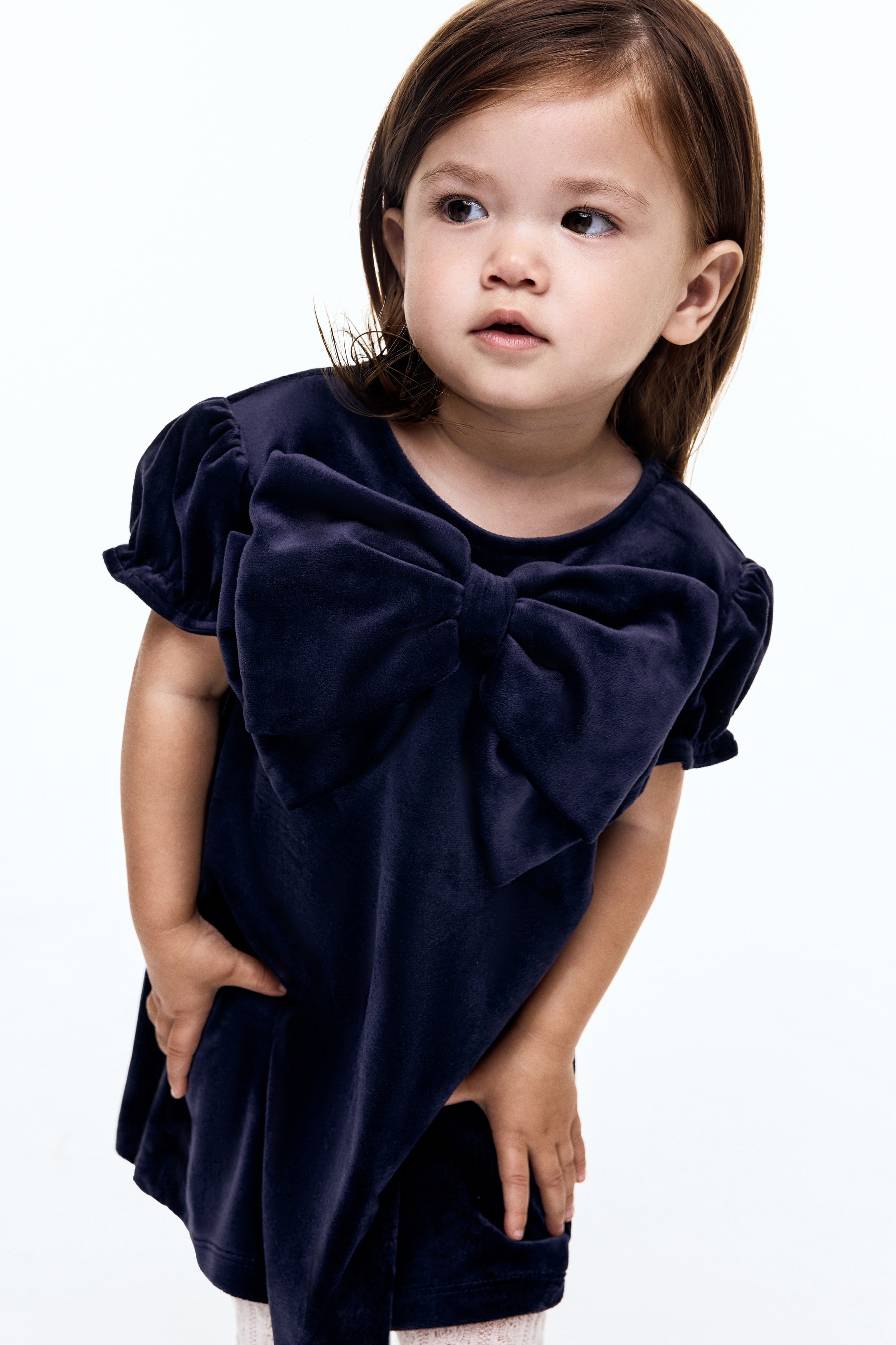 Noworodek - Bow-detail velour dress Granatowy - Size: 68 (4-6M)  - H&M