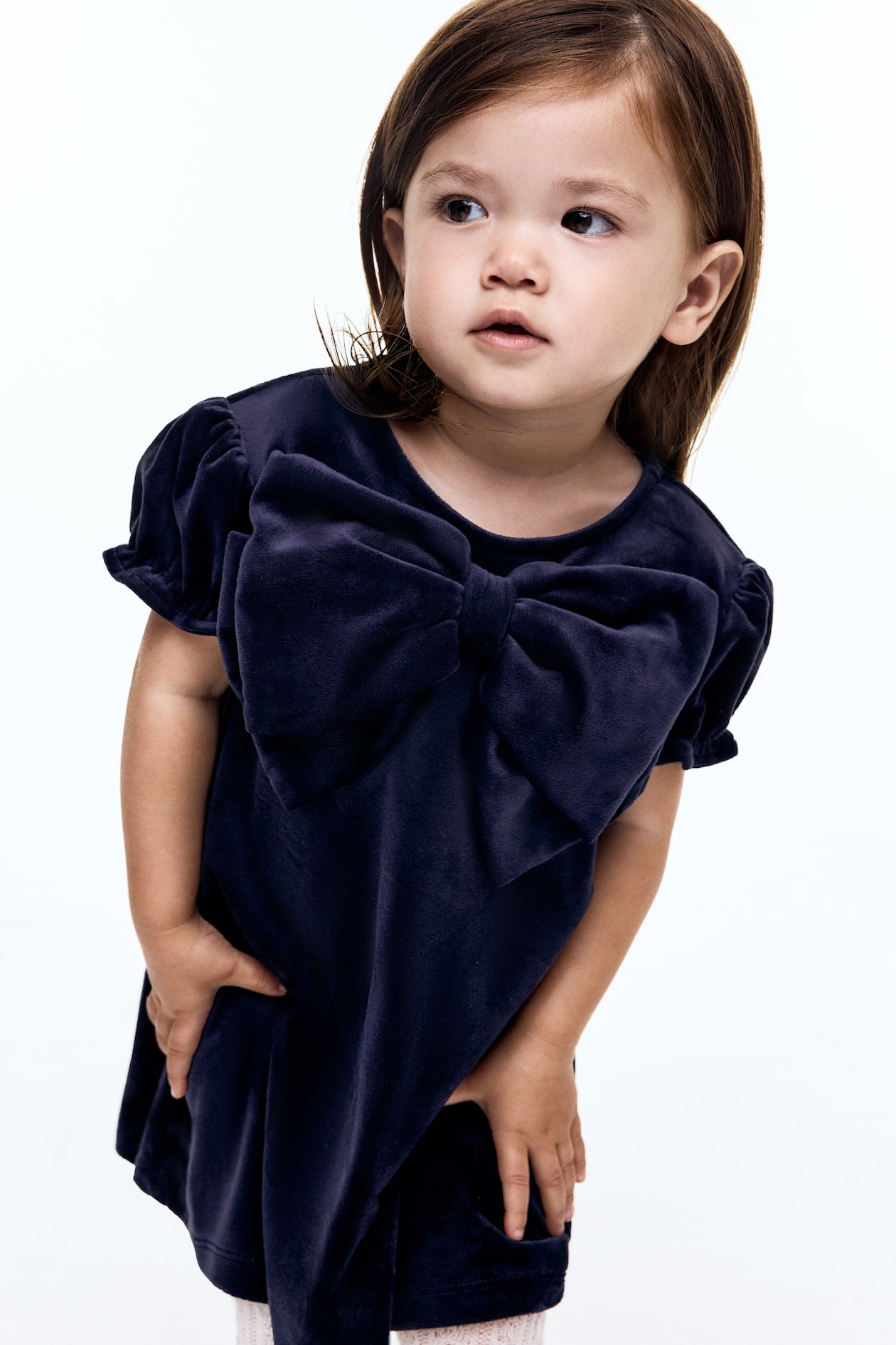 Navy blue Bow-Detail Velour Dress for kids