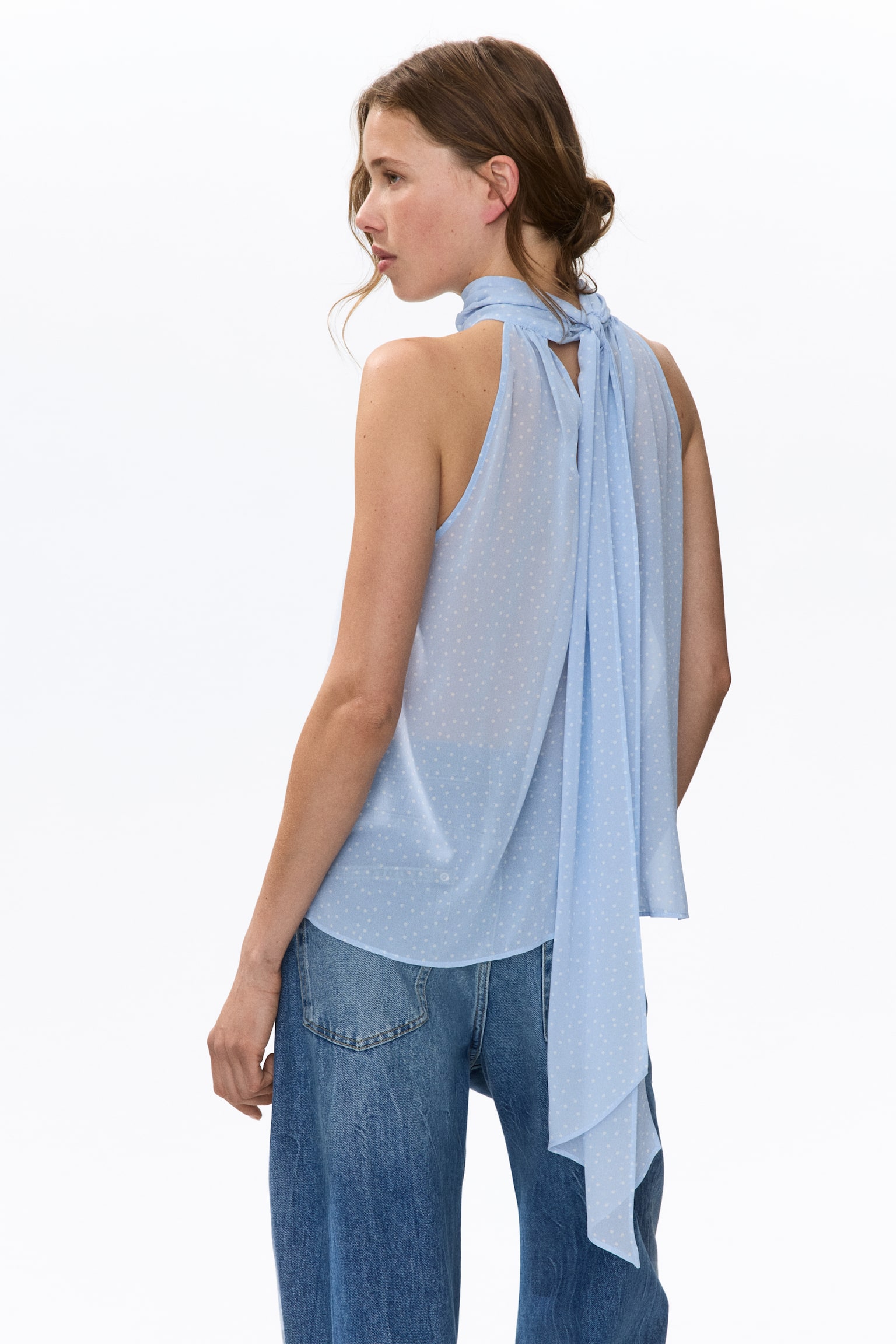 Женский топ H&M Scarf-Collar Chiffon Top, цвет: Синий / В горошек — фото 5