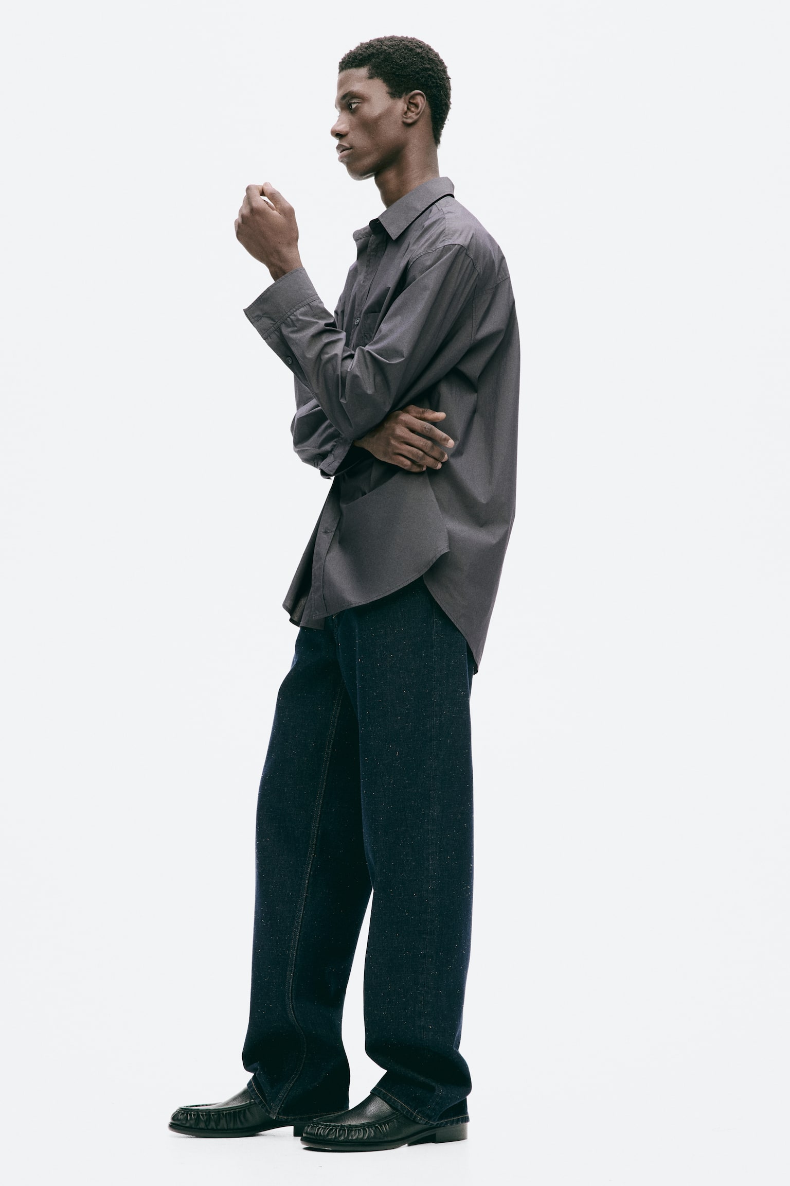 Мужская рубашка H&M Relaxed-Fit Poplin, цвет: Тёмный серый — фото 6