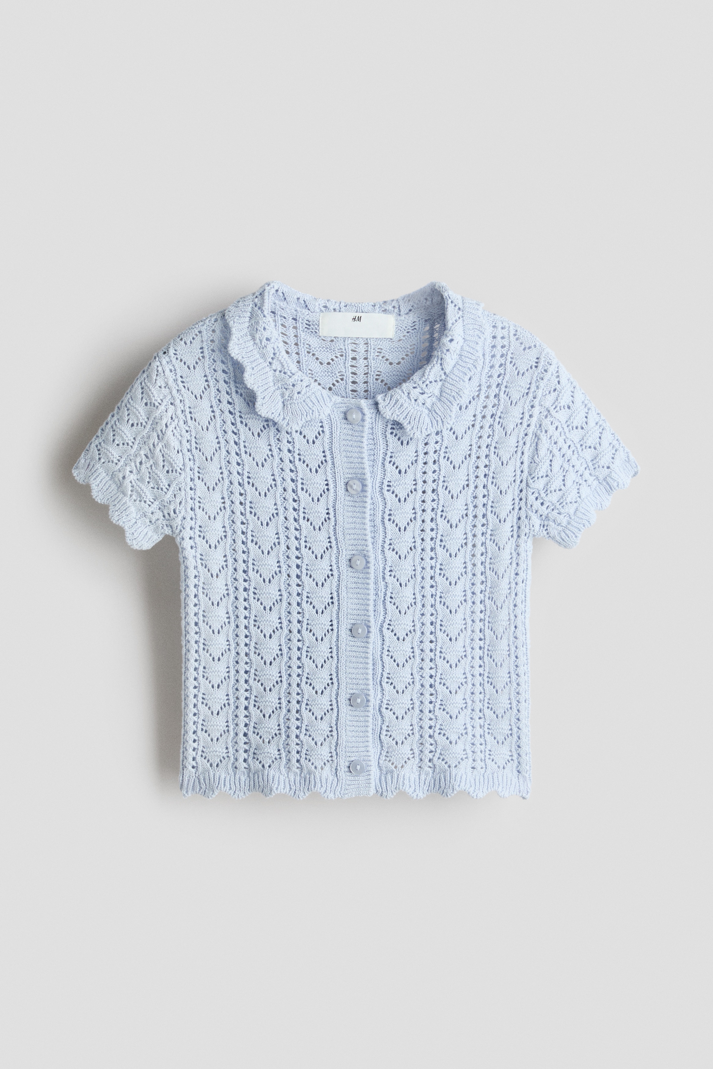 Crochet-Look Short-Sleeved Cardigan - Light blue/Cream