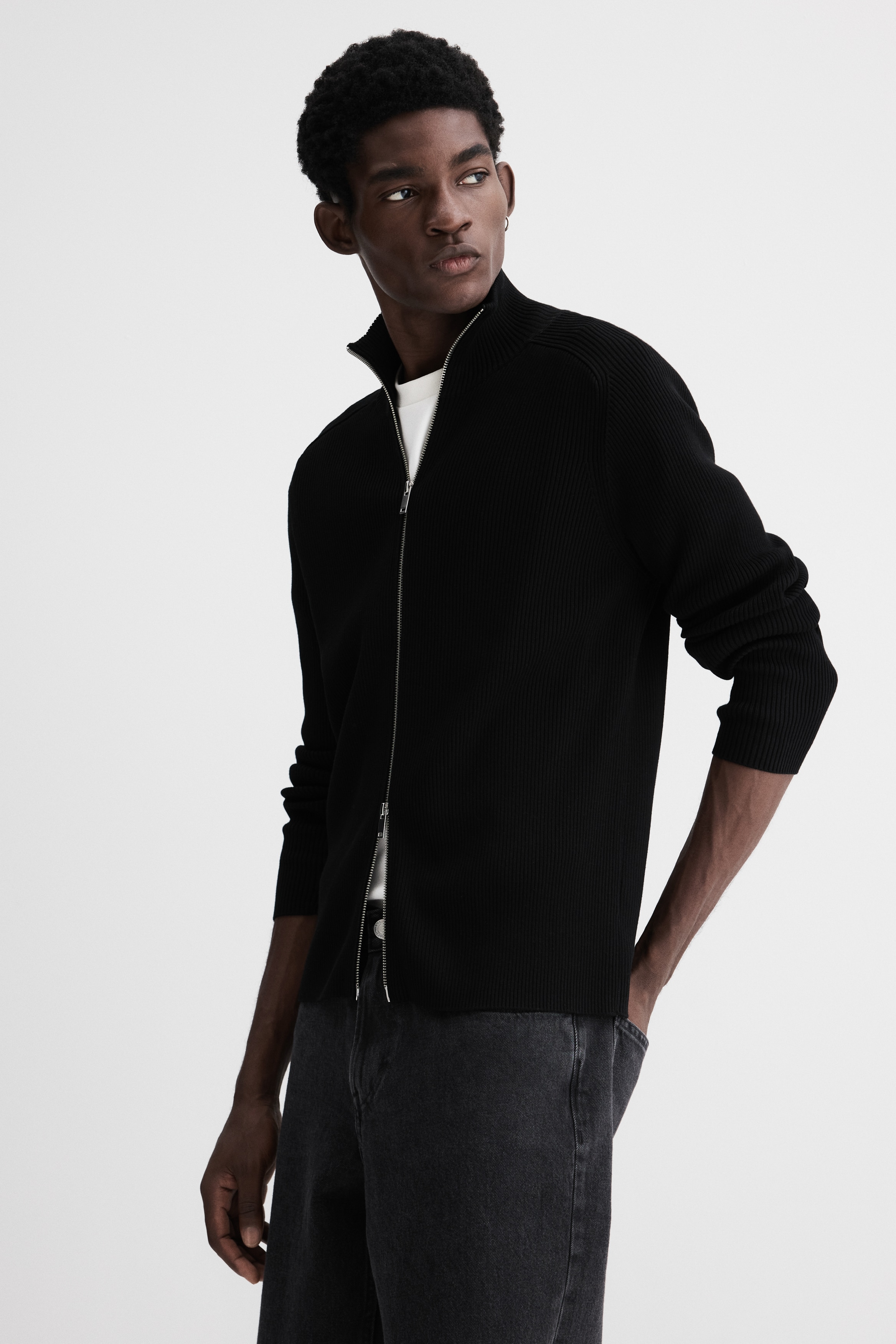 Slim Fit Zip Up Cardigan - Black