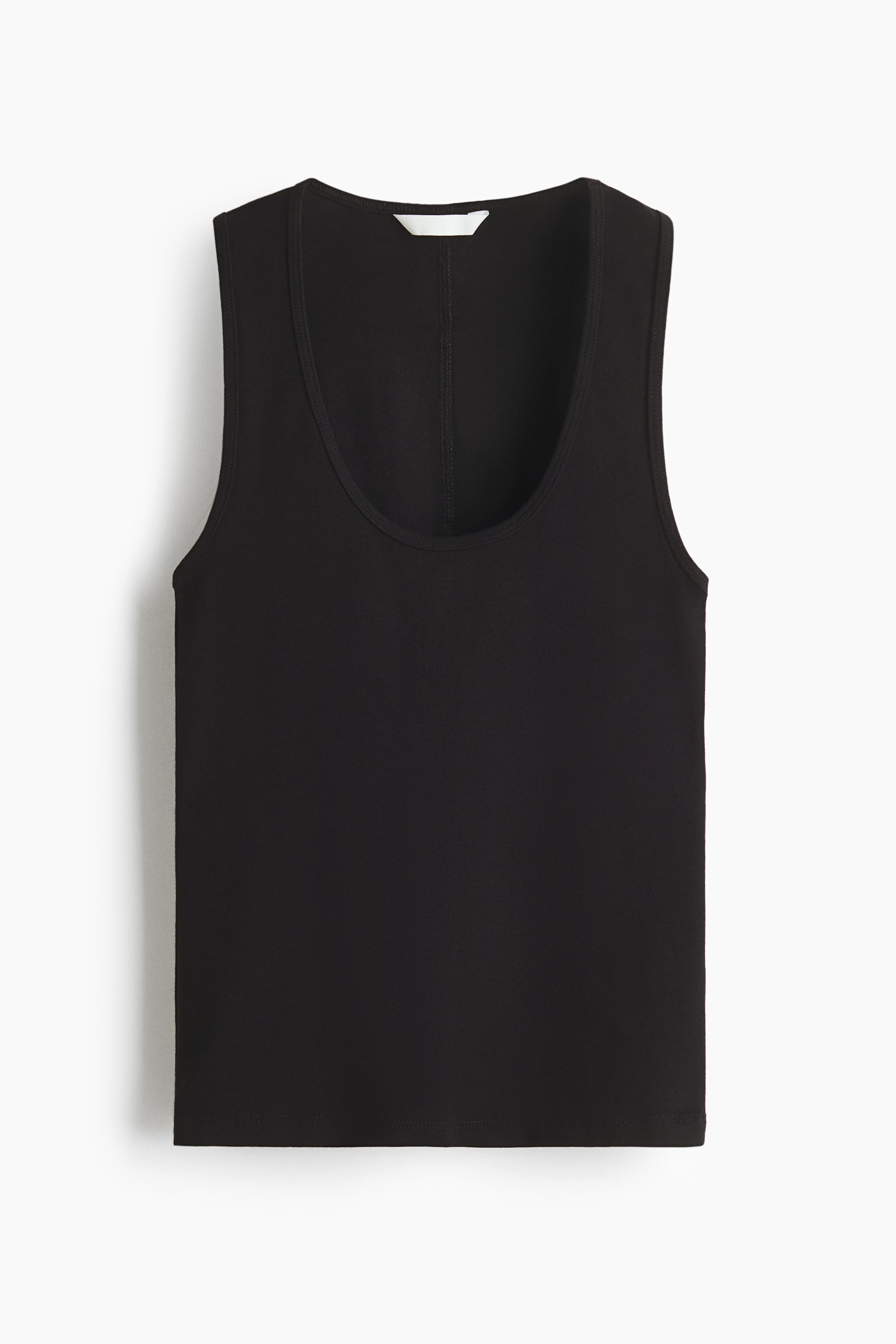 View larger image: The black tank top showcases its rear view, highlighting a scoop neckline and sleeveless style. A white label is noticeable at the inner back neckline, complemented by a vertical seam extending down the back.