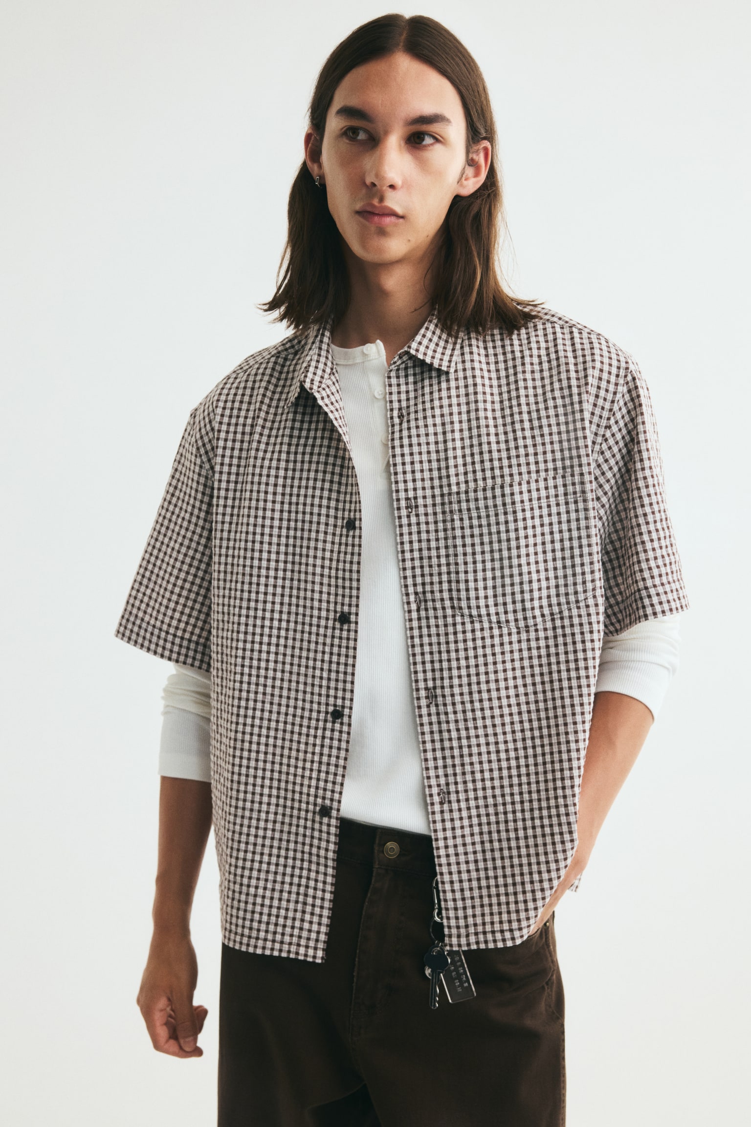 Relaxed Fit Short-sleeved shirt - Brown/Checked/Light blue/Checked - 1