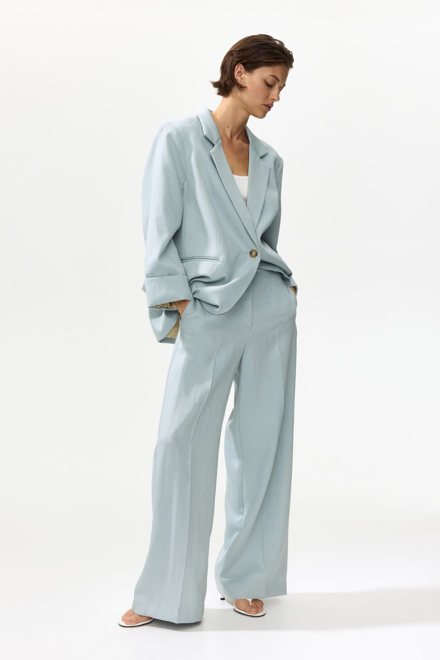 Wide linen-blend trousers - Dusty turquoise/Burgundy/Light beige/Dark brown - 1