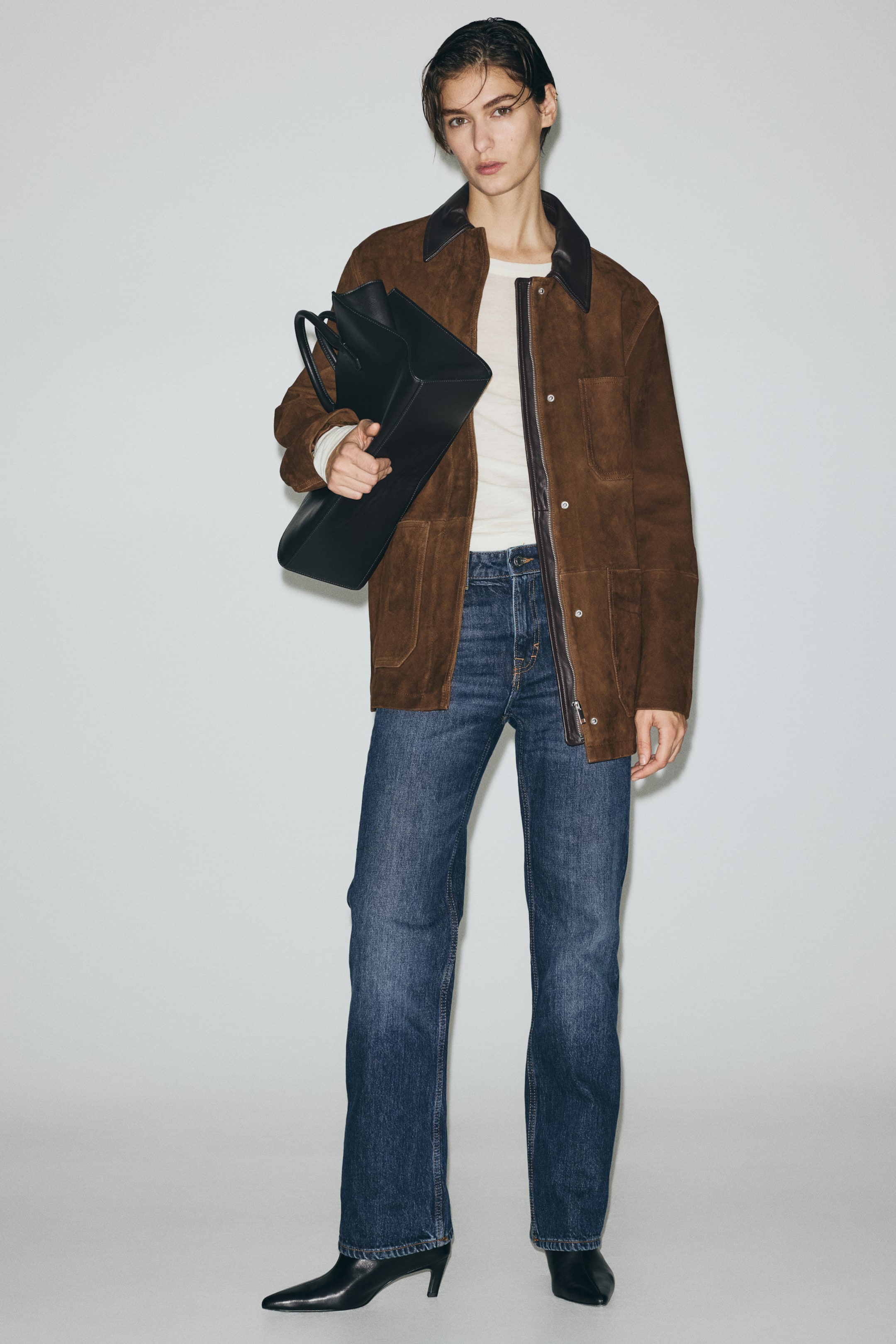 Veste en cuir velours avec col